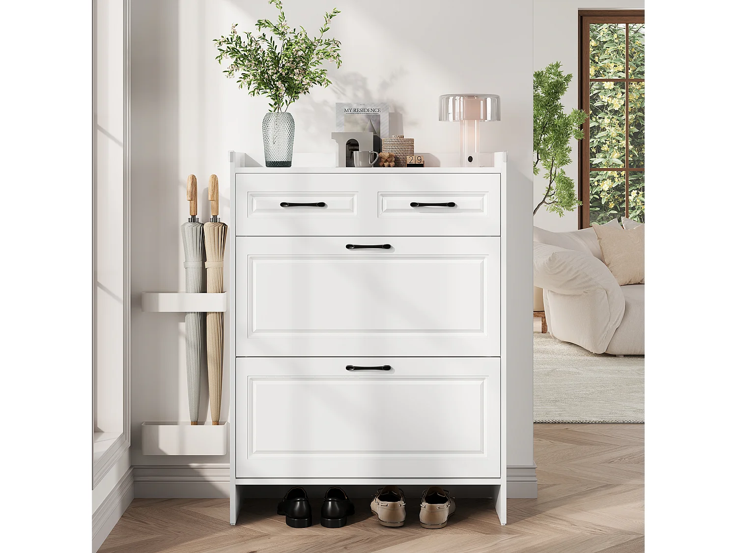 Mobile per scarpe 80x34x107,5 cm - 2 ante battenti e 1 cassetto - 4 scomparti - MDF - Bianco