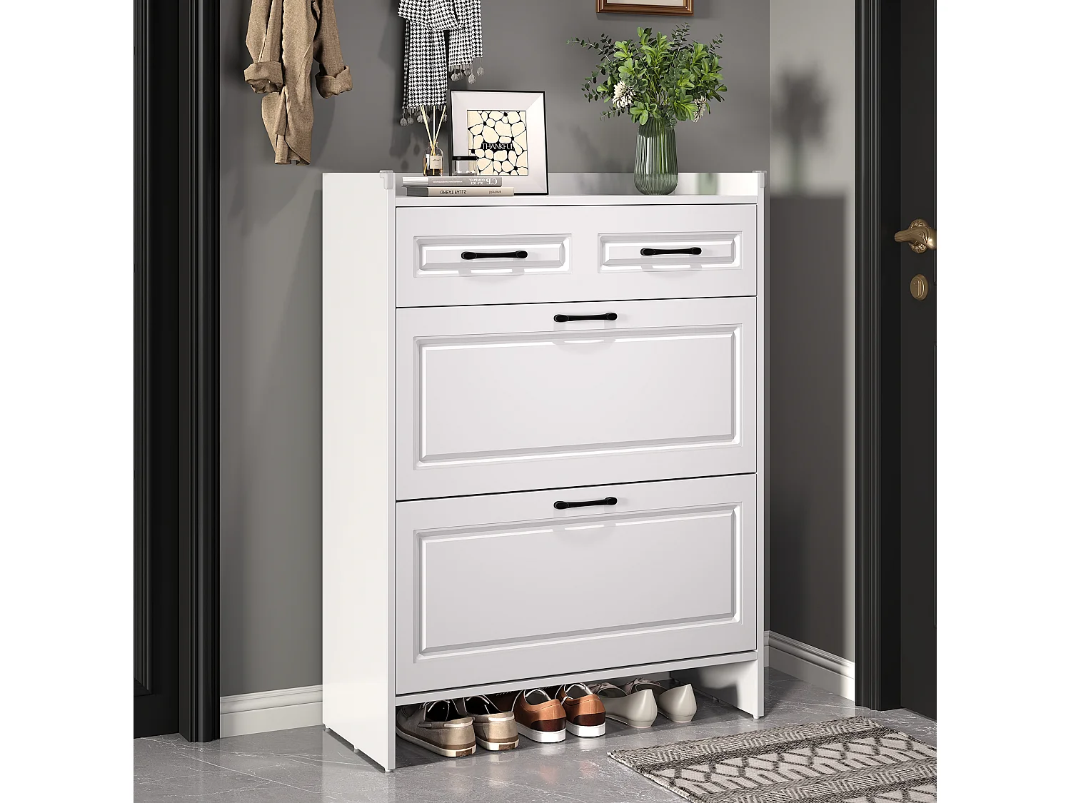 Mobile per scarpe 80x34x107,5 cm - 2 ante battenti e 1 cassetto - 4 scomparti - MDF - Bianco