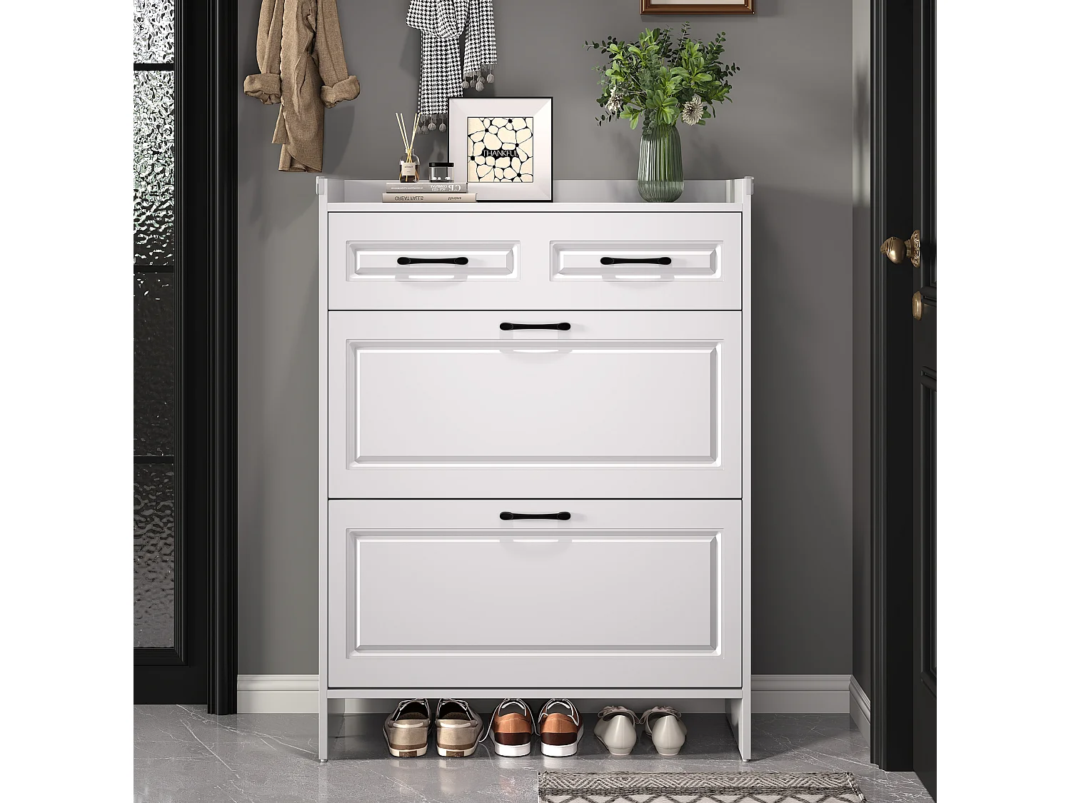 Mobile per scarpe 80x34x107,5 cm - 2 ante battenti e 1 cassetto - 4 scomparti - MDF - Bianco