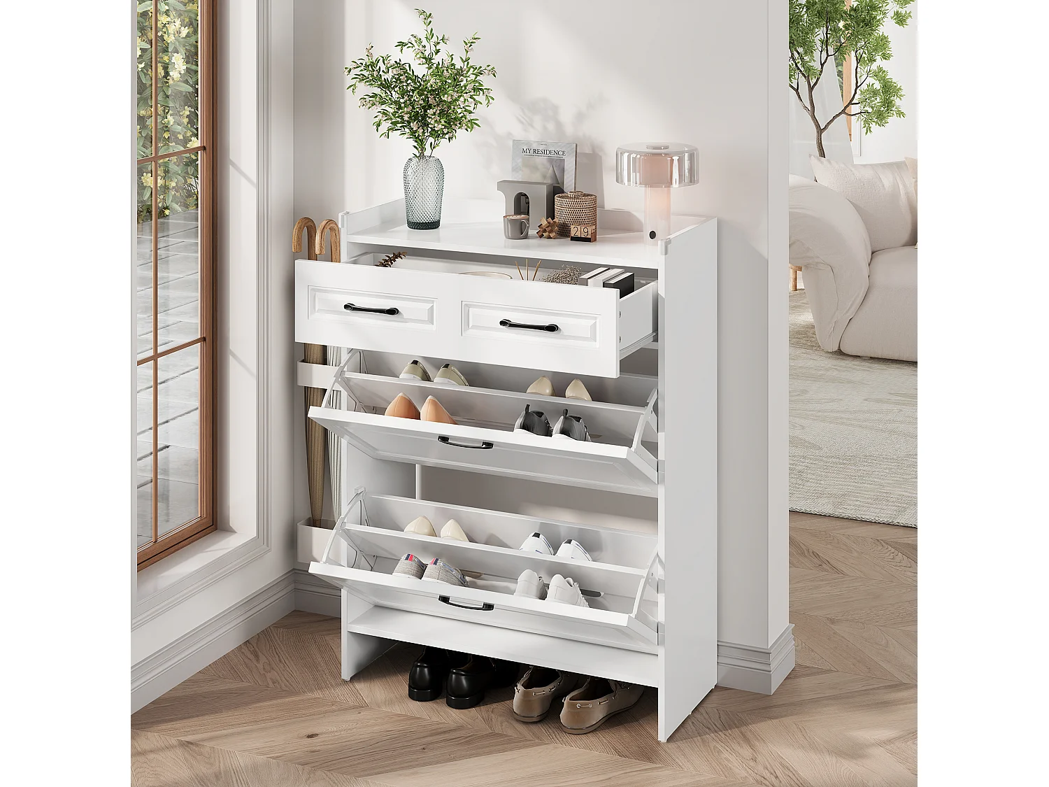 Mobile per scarpe 80x34x107,5 cm - 2 ante battenti e 1 cassetto - 4 scomparti - MDF - Bianco