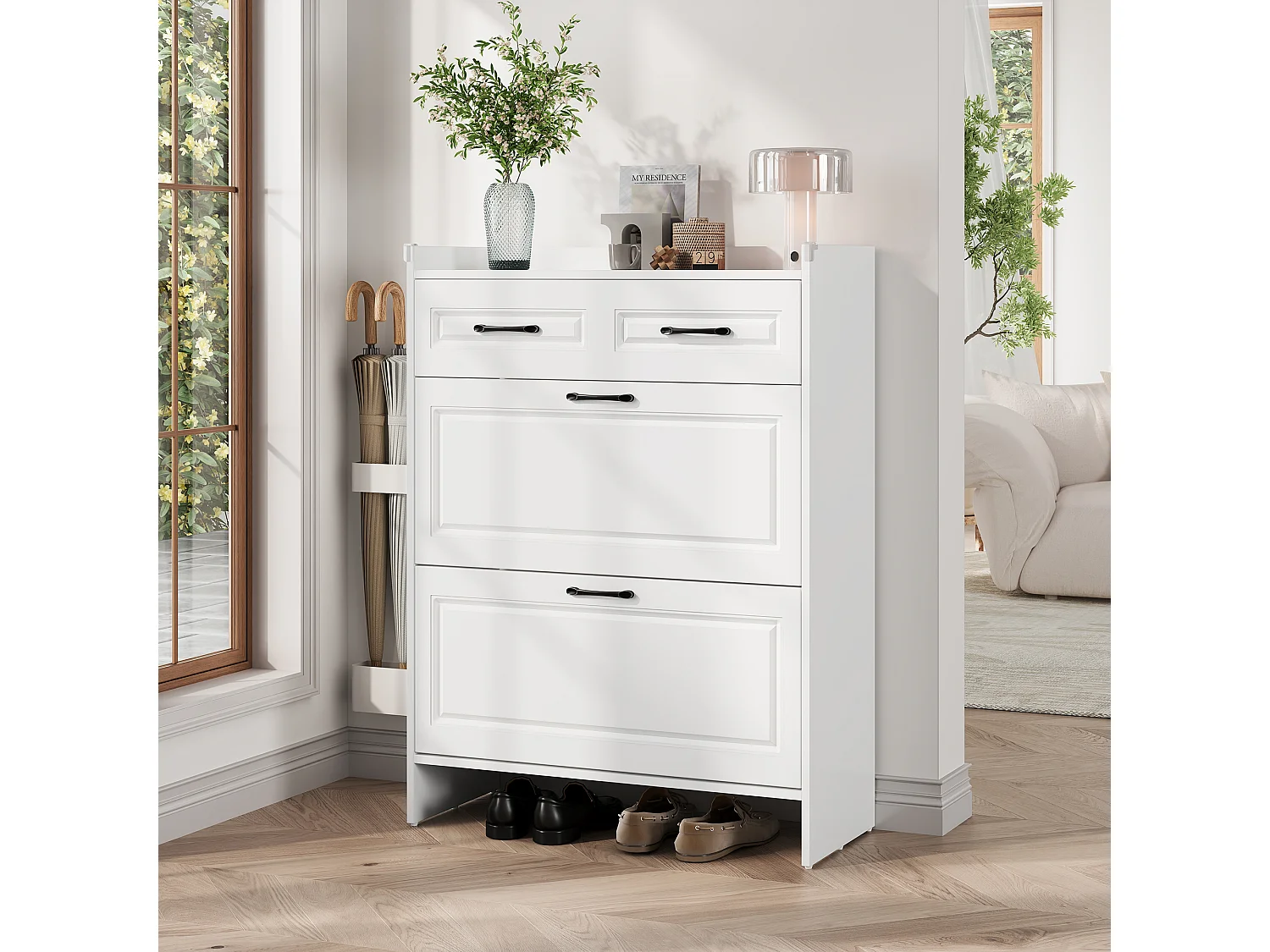 Mobile per scarpe 80x34x107,5 cm - 2 ante battenti e 1 cassetto - 4 scomparti - MDF - Bianco