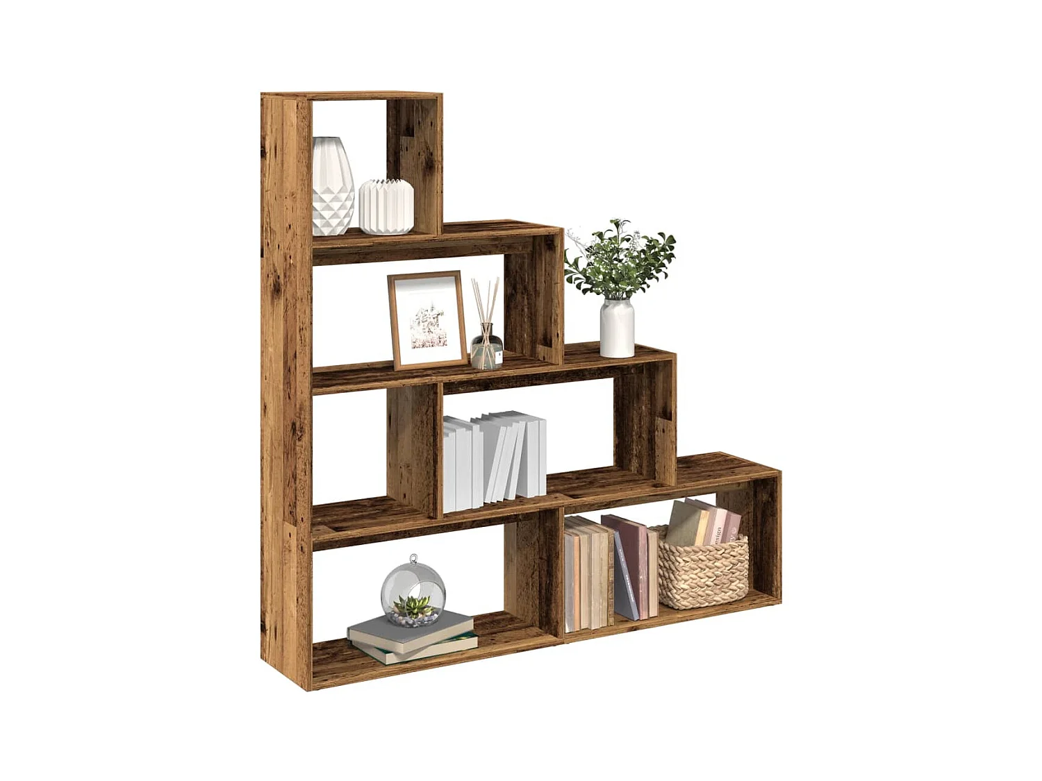 Bibliothèque séparatrice de pièce à 4 niveaux vieux bois