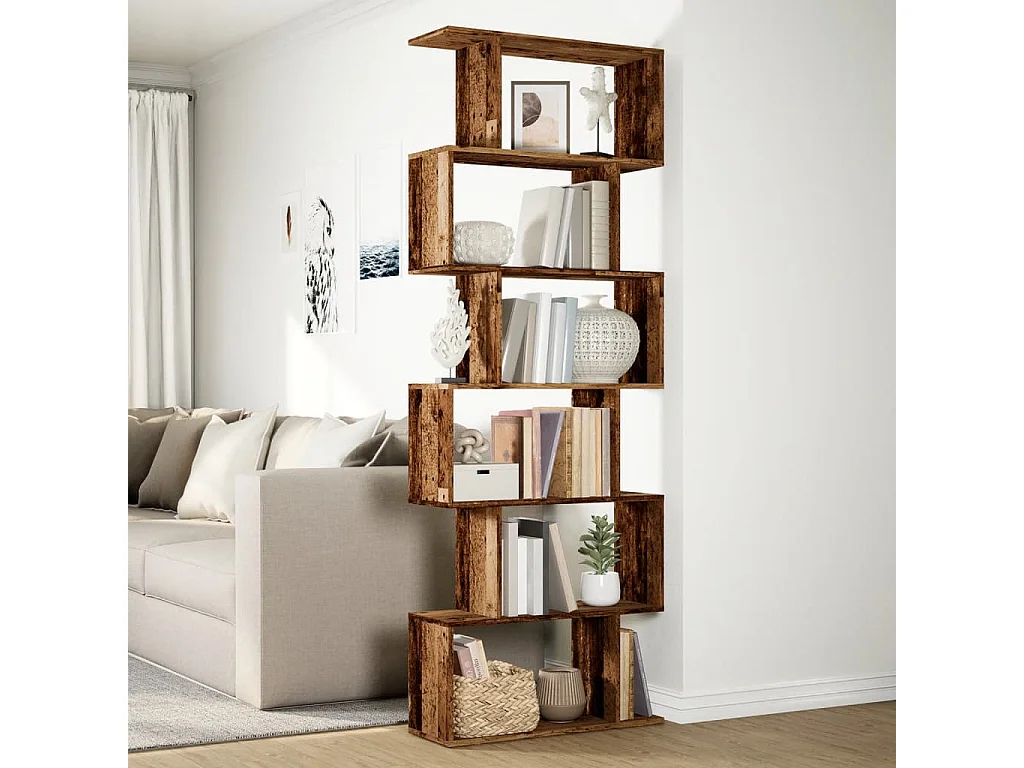 Bibliothèque séparatrice de pièce à 6 niveaux vieux bois 70x24x193cm