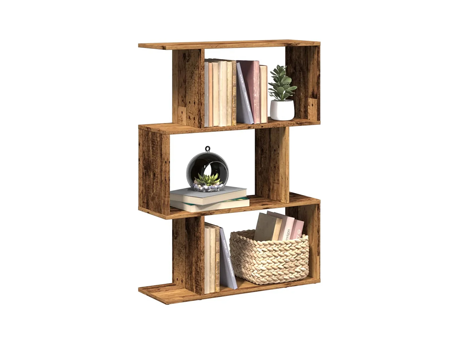 Bibliothèque séparatrice de pièce à 3 niveaux vieux bois 70x24x97 cm