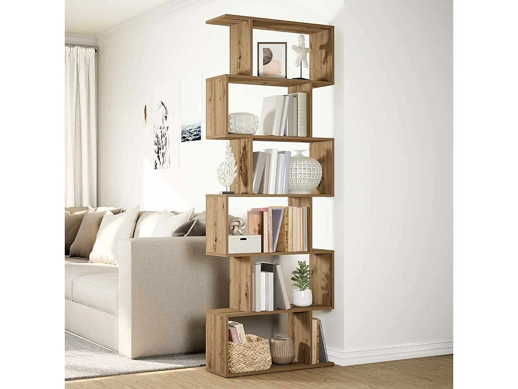 Bibliothèque séparatrice de pièce à 6 niveaux chêne artisanal