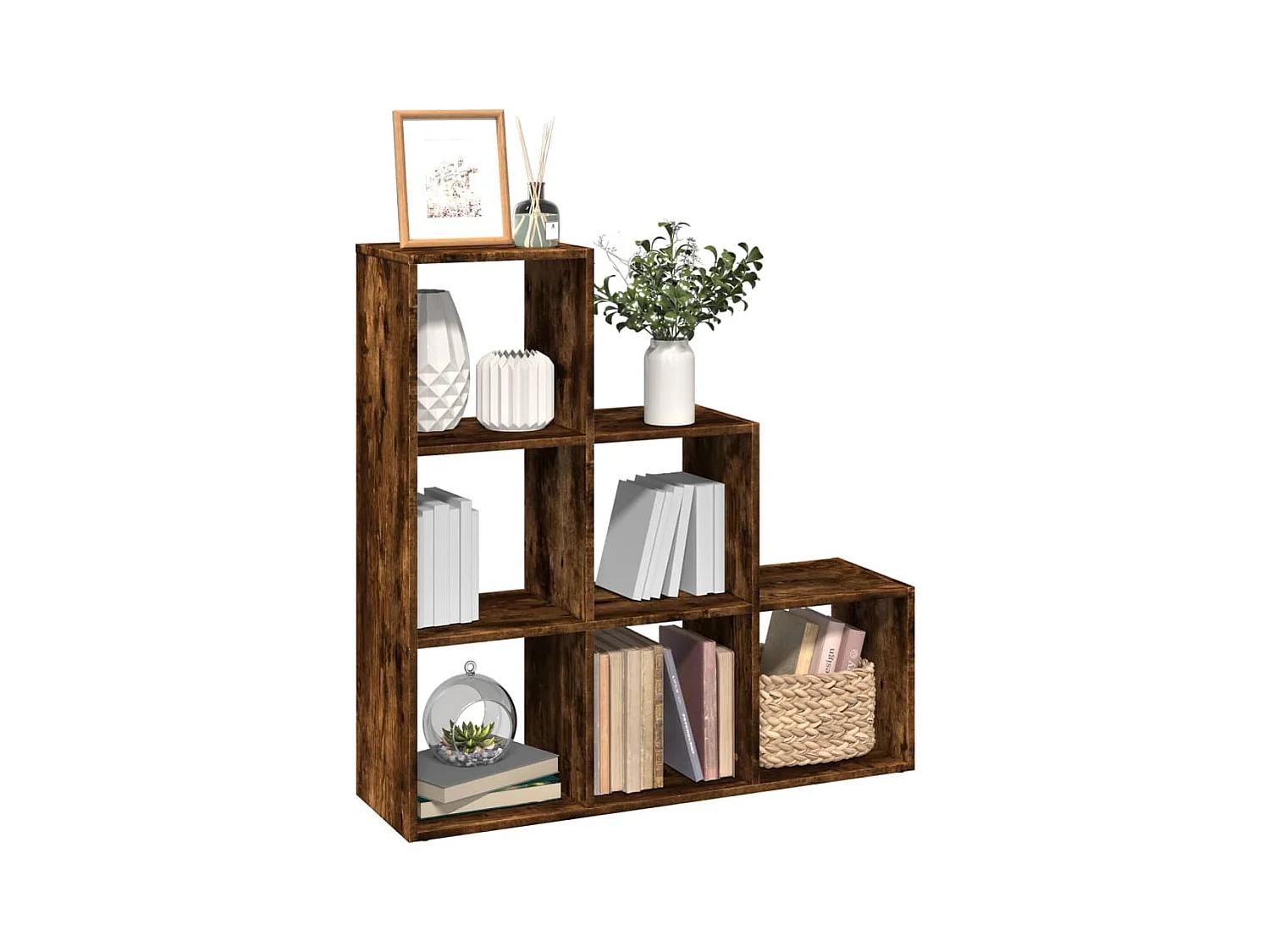 Bibliothèque séparatrice de pièce à 3 niveaux chêne fumé 99x29x99 cm