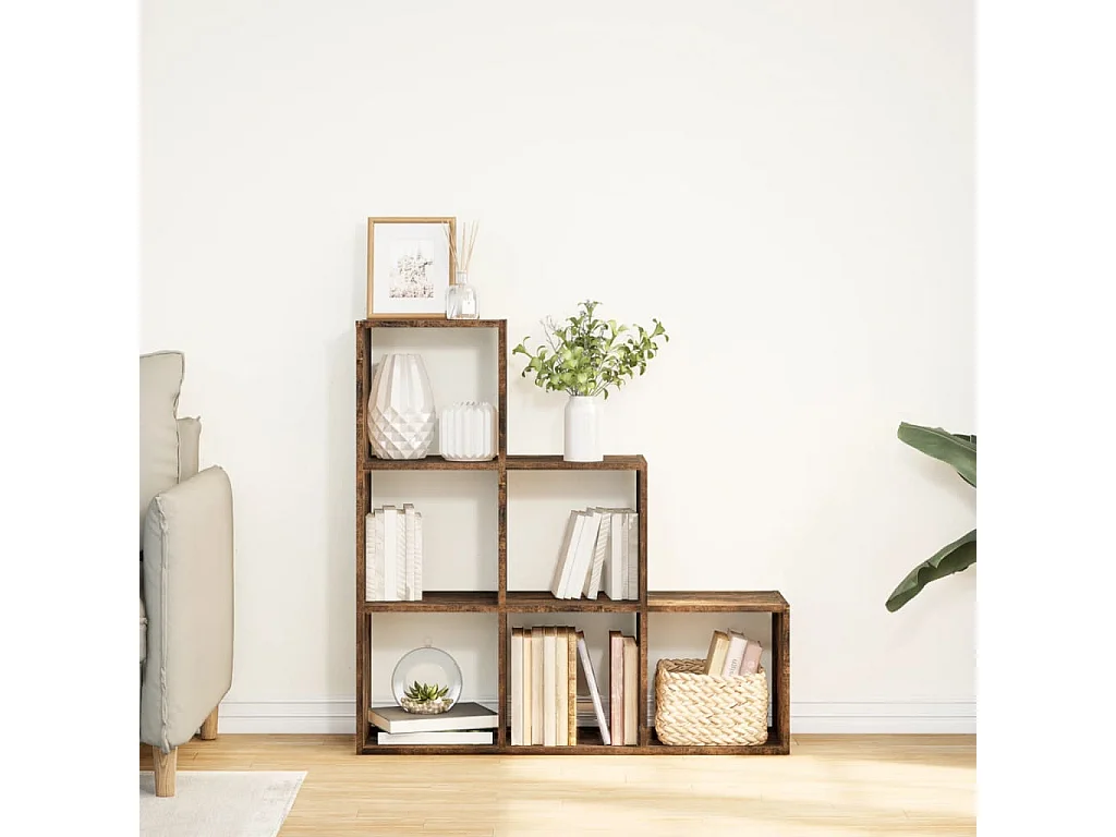 Bibliothèque séparatrice de pièce à 3 niveaux chêne fumé 99x29x99 cm
