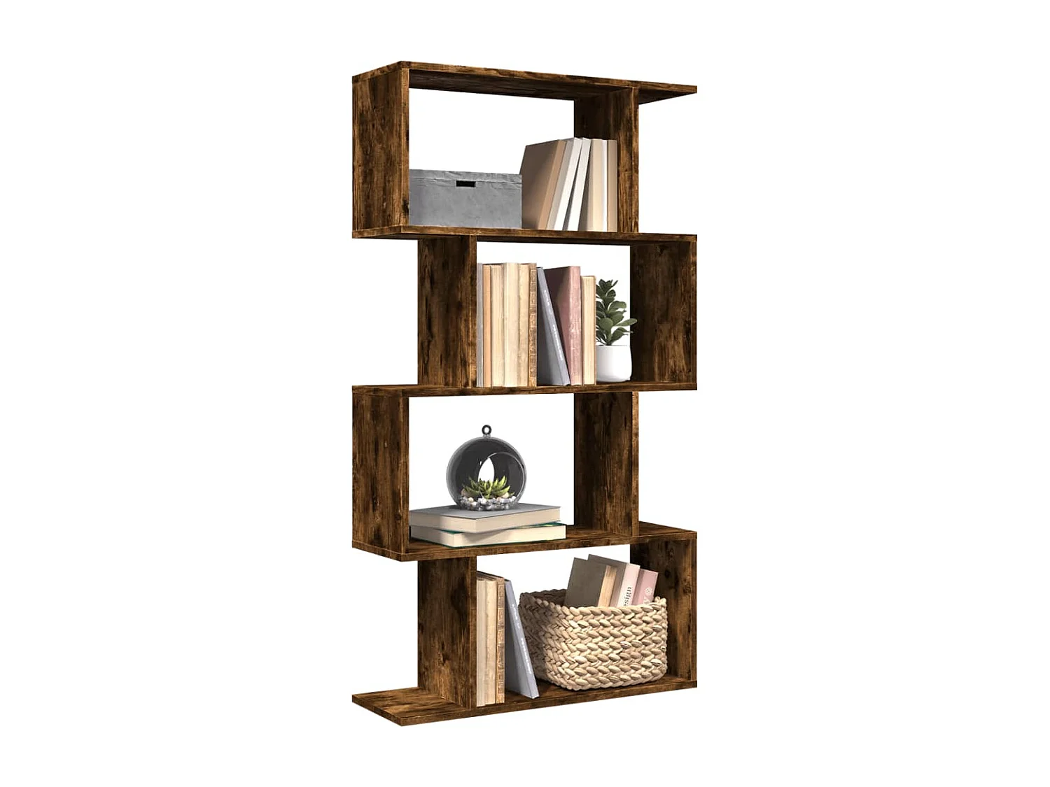 Bibliothèque séparatrice de pièce à 4 niveaux chêne fumé 70x24x129cm