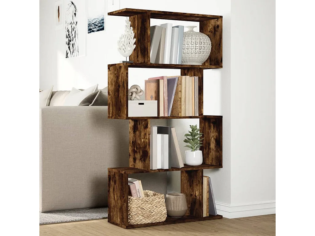 Bibliothèque séparatrice de pièce à 4 niveaux chêne fumé 70x24x129cm