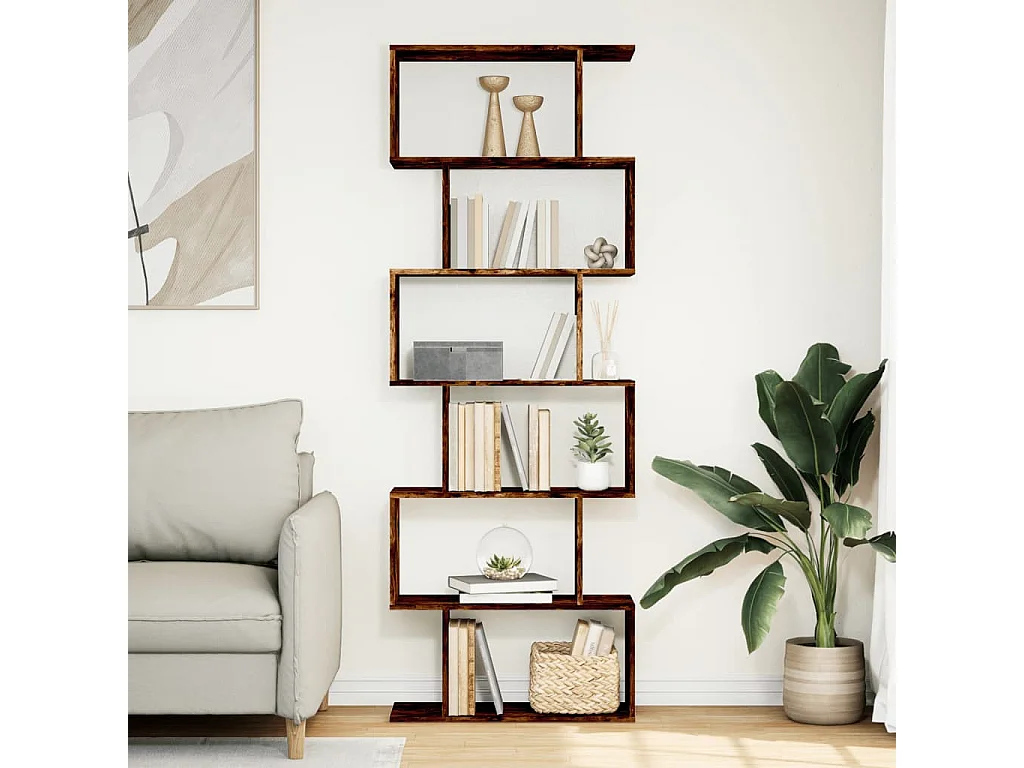 Bibliothèque séparatrice de pièce à 6 niveaux chêne fumé 70x24x193cm