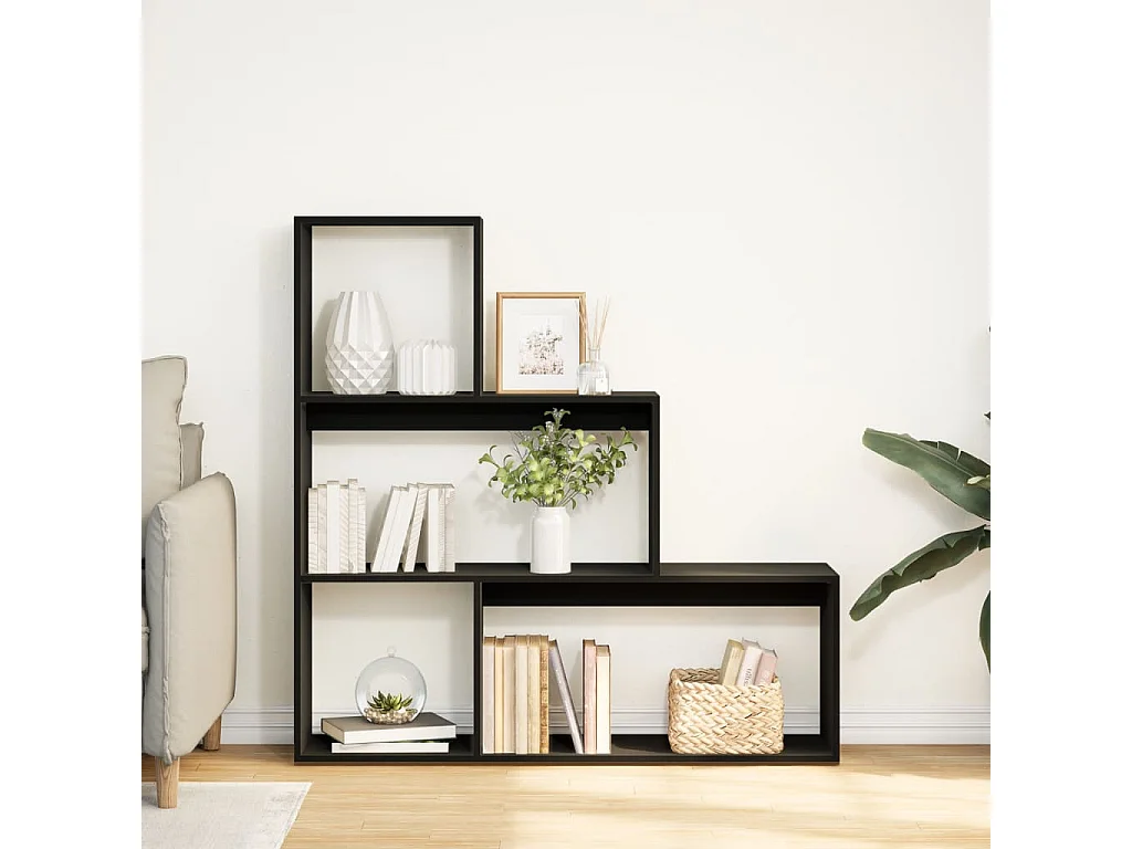 Bibliothèque séparatrice de pièce à 3 niveaux noir 123x29x123 cm