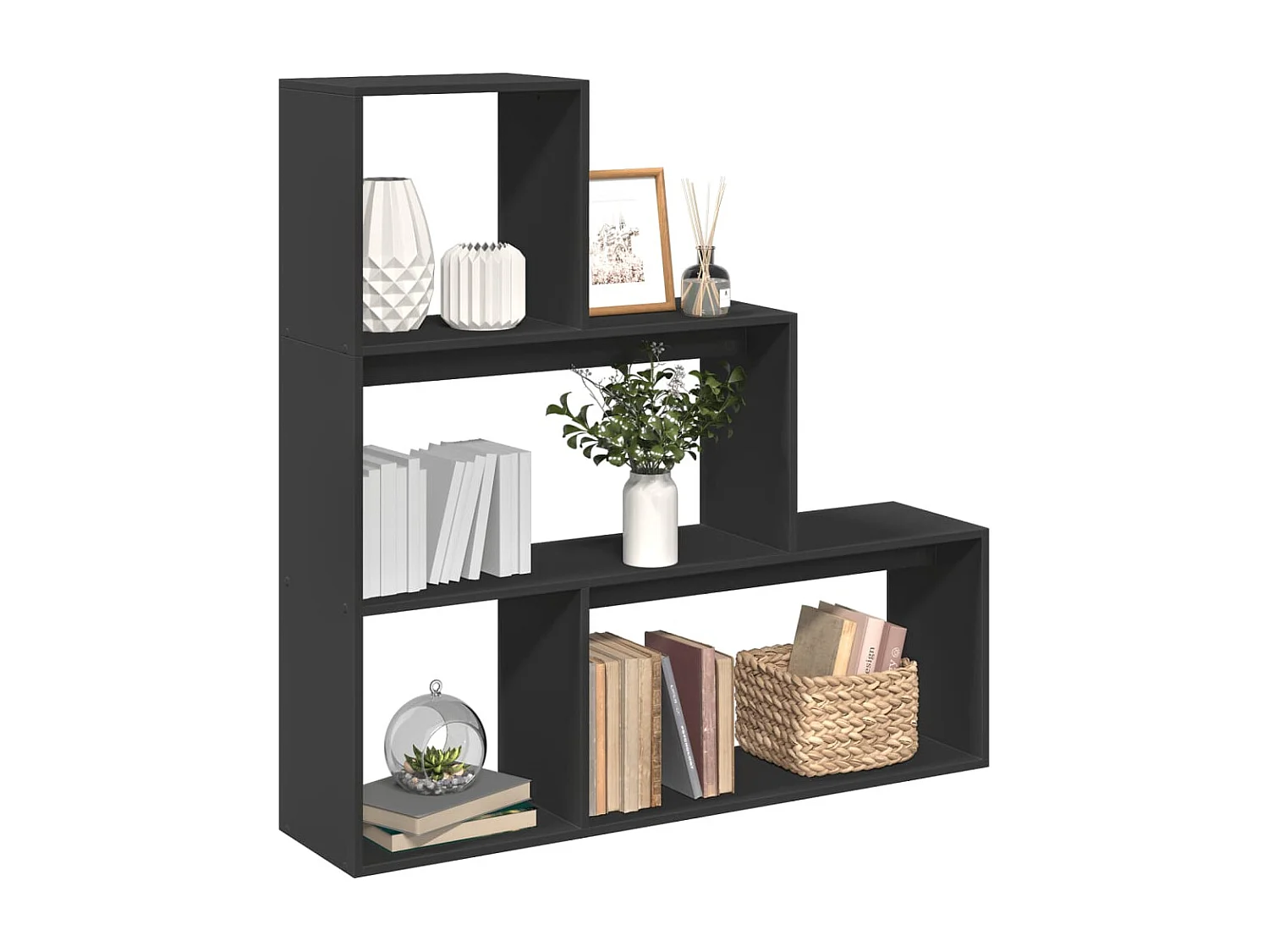 Bibliothèque séparatrice de pièce à 3 niveaux noir 123x29x123 cm