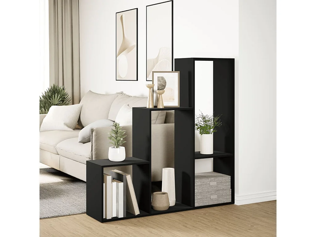 Bibliothèque séparatrice de pièce à 3 niveaux noir 123x29x123 cm