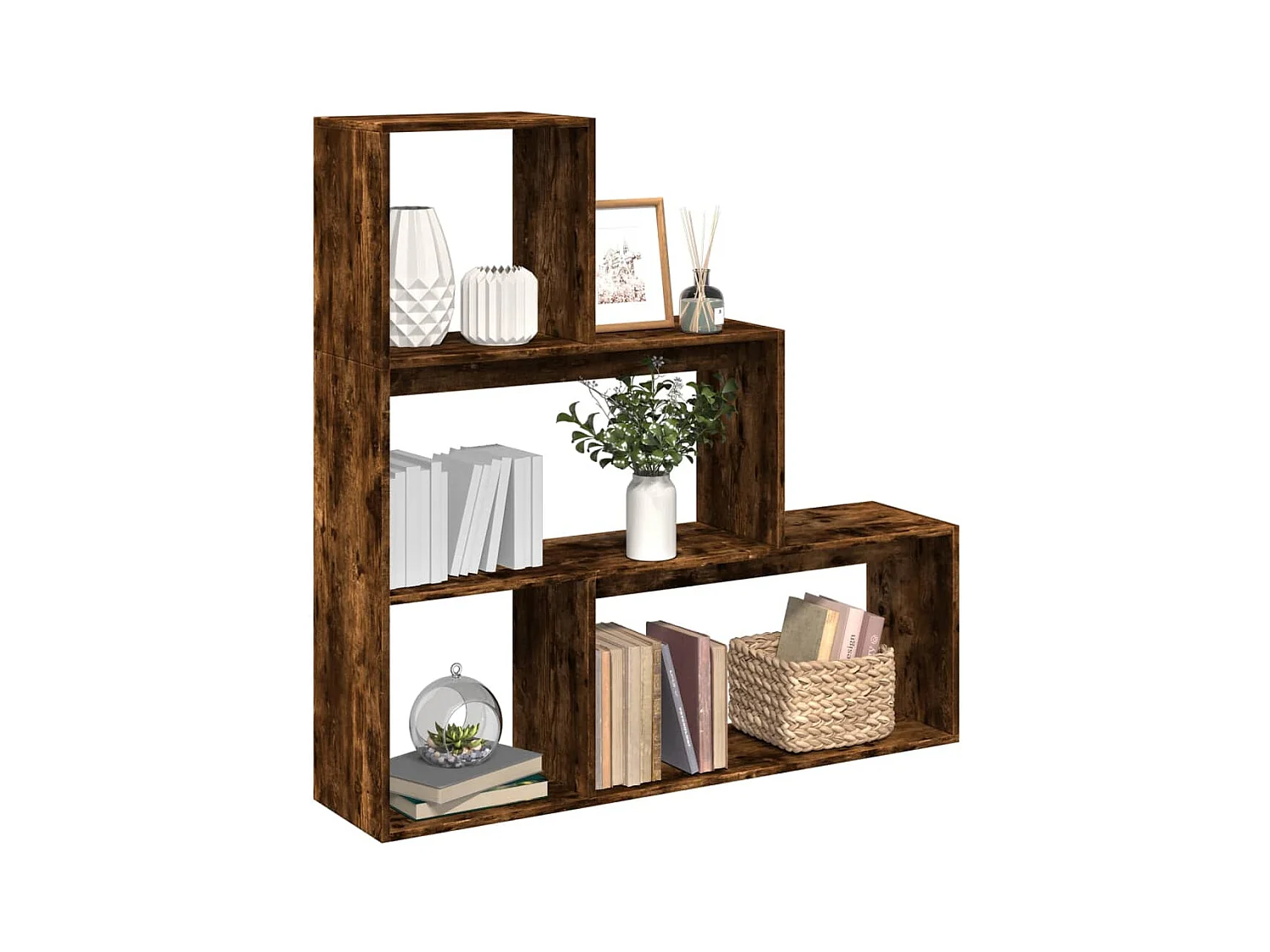 Bibliothèque séparatrice de pièce 3 niveaux chêne fumé 123x29x123 cm