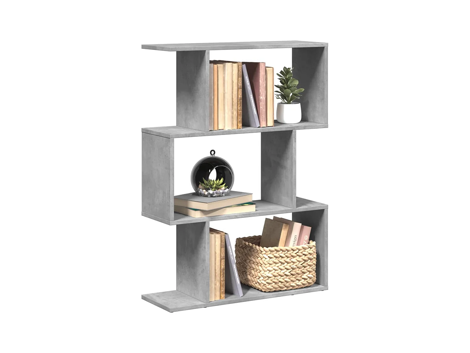 Bibliothèque séparatrice de pièce à 3 niveaux gris béton 70x24x97 cm