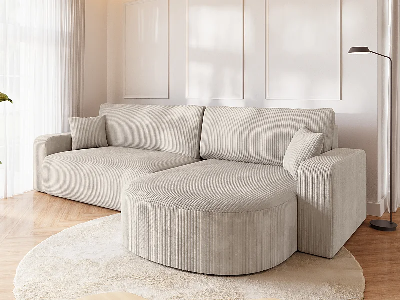 Grand canapé d'angle convertible, en velours côtelé crème BISK