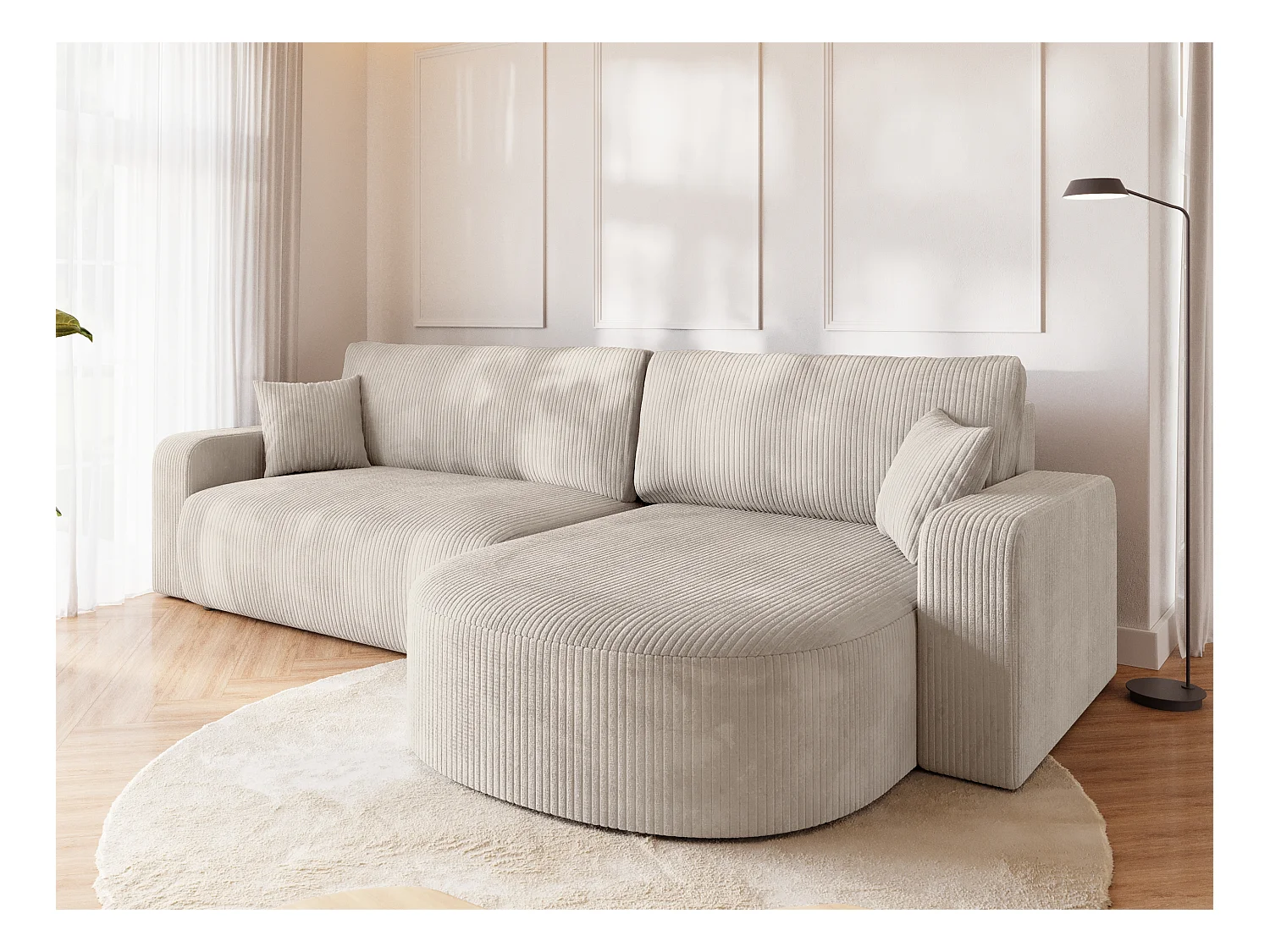 Grand canapé d'angle convertible, en velours côtelé crème BISK