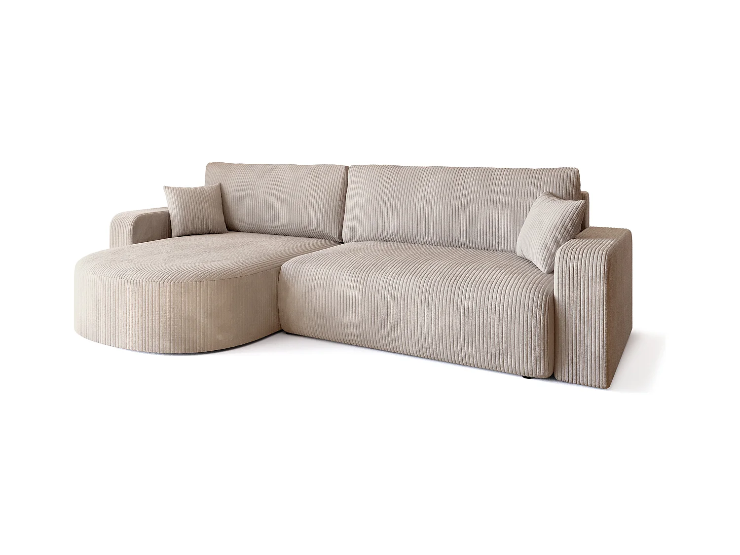 Grand canapé d'angle convertible, en velours côtelé crème BISK