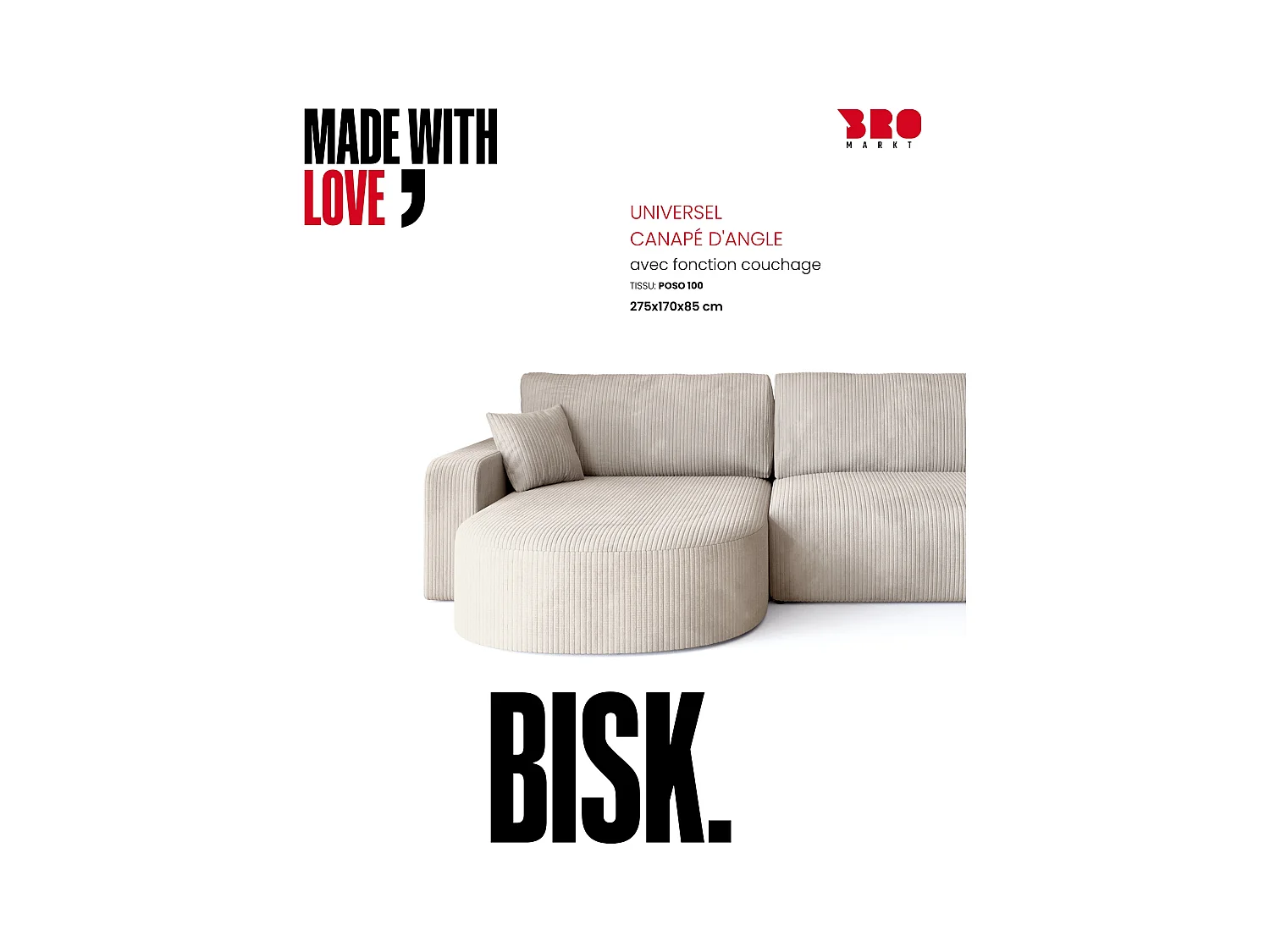 Grand canapé d'angle convertible, en velours côtelé crème BISK