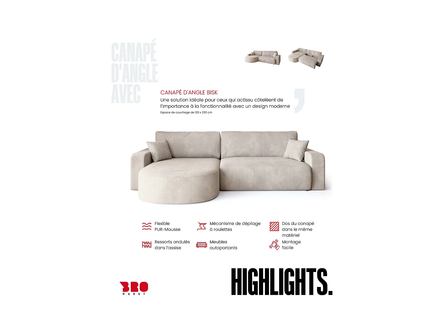 Grand canapé d'angle convertible, en velours côtelé crème BISK