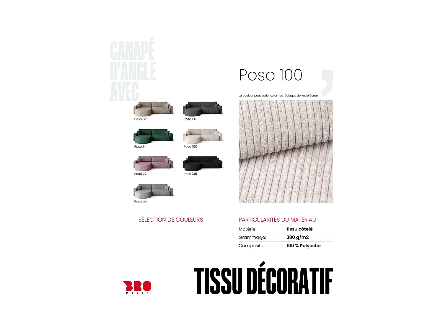 Grand canapé d'angle convertible, en velours côtelé crème BISK