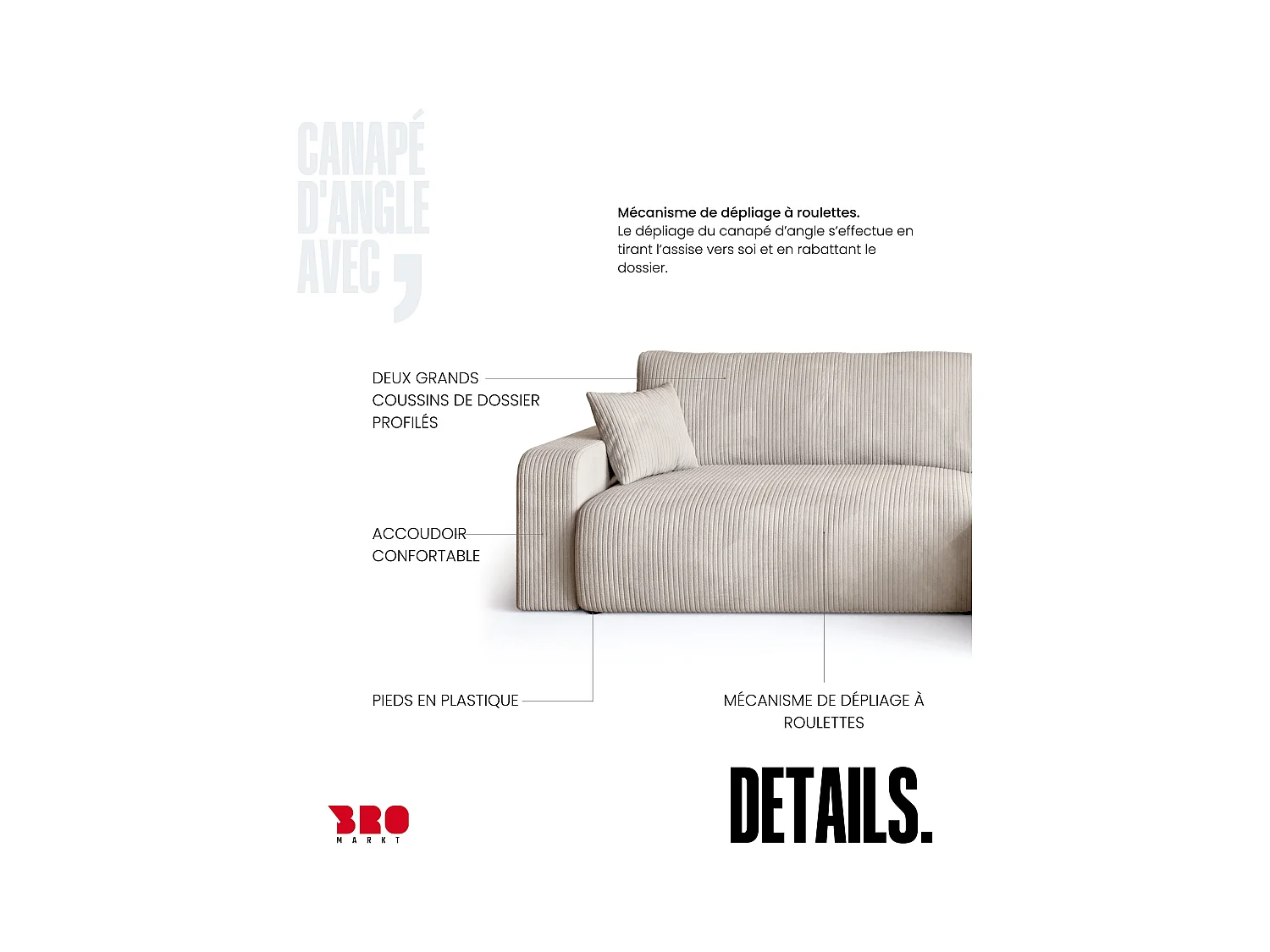 Grand canapé d'angle convertible, en velours côtelé crème BISK