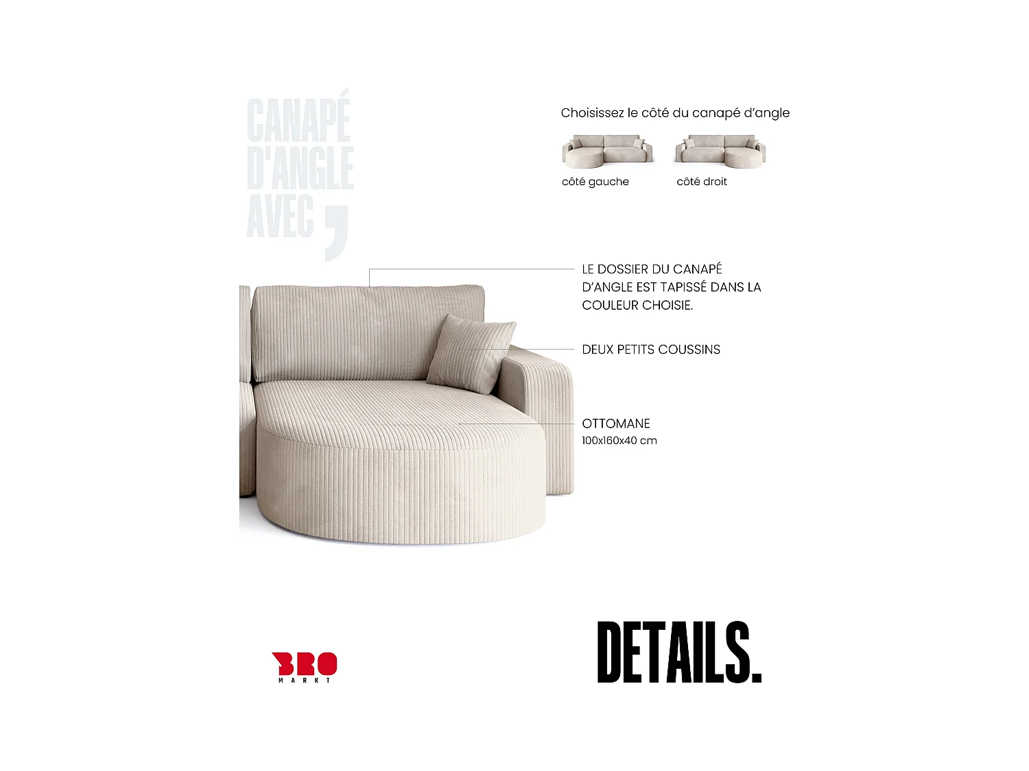 Grand canapé d'angle convertible, en velours côtelé crème BISK
