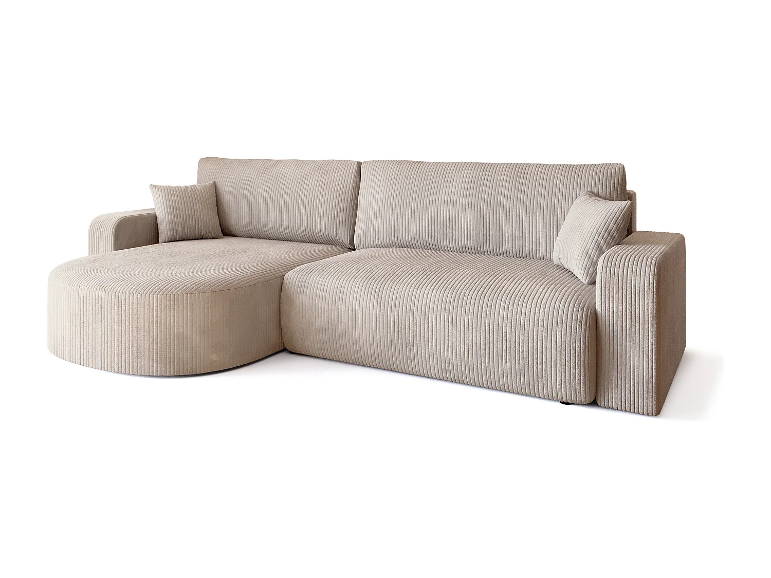 Grand canapé d'angle convertible, en velours côtelé crème BISK