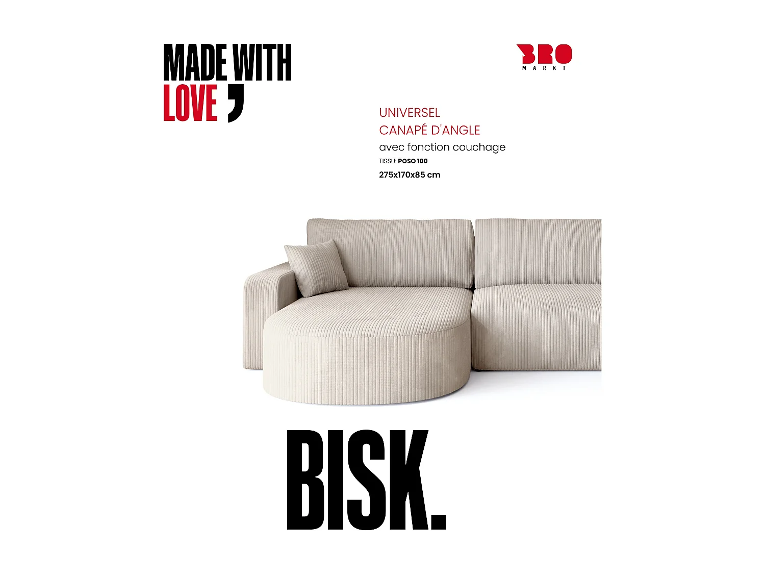 Grand canapé d'angle convertible, en velours côtelé crème BISK