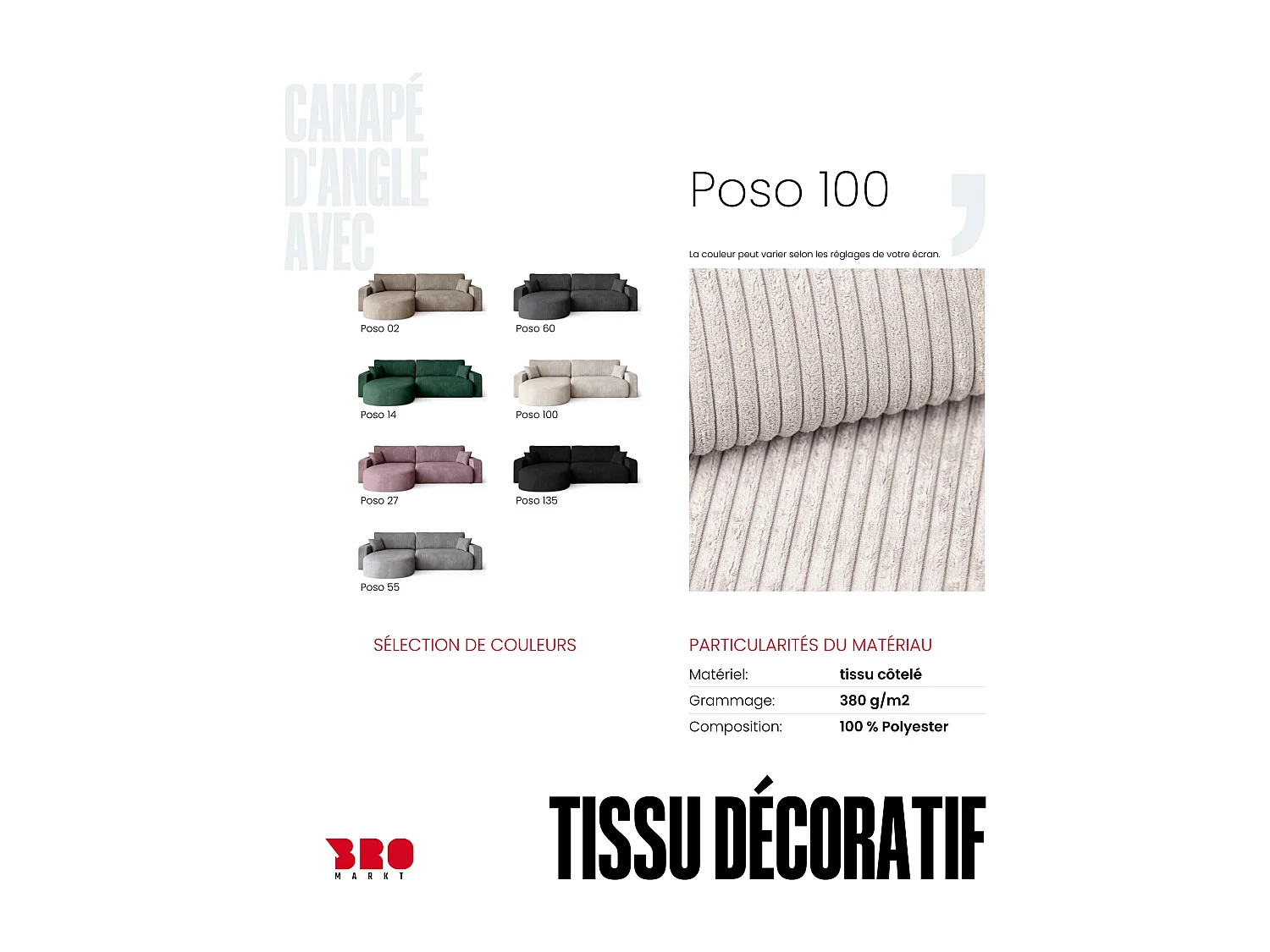 Grand canapé d'angle convertible, en velours côtelé crème BISK