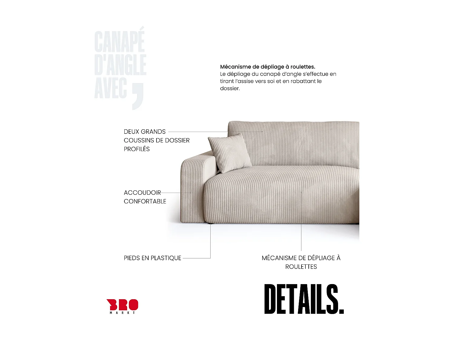 Grand canapé d'angle convertible, en velours côtelé crème BISK