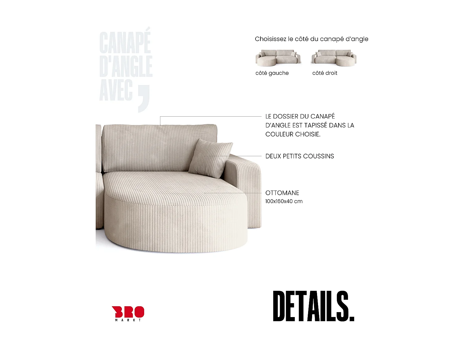 Grand canapé d'angle convertible, en velours côtelé crème BISK