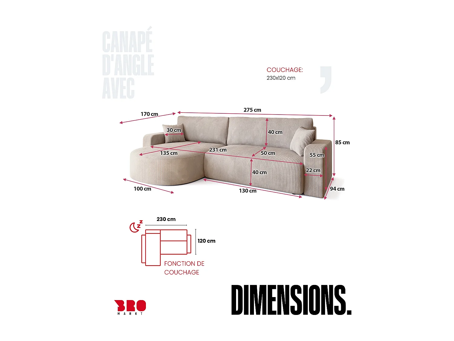 Grand canapé d'angle convertible, en velours côtelé crème BISK