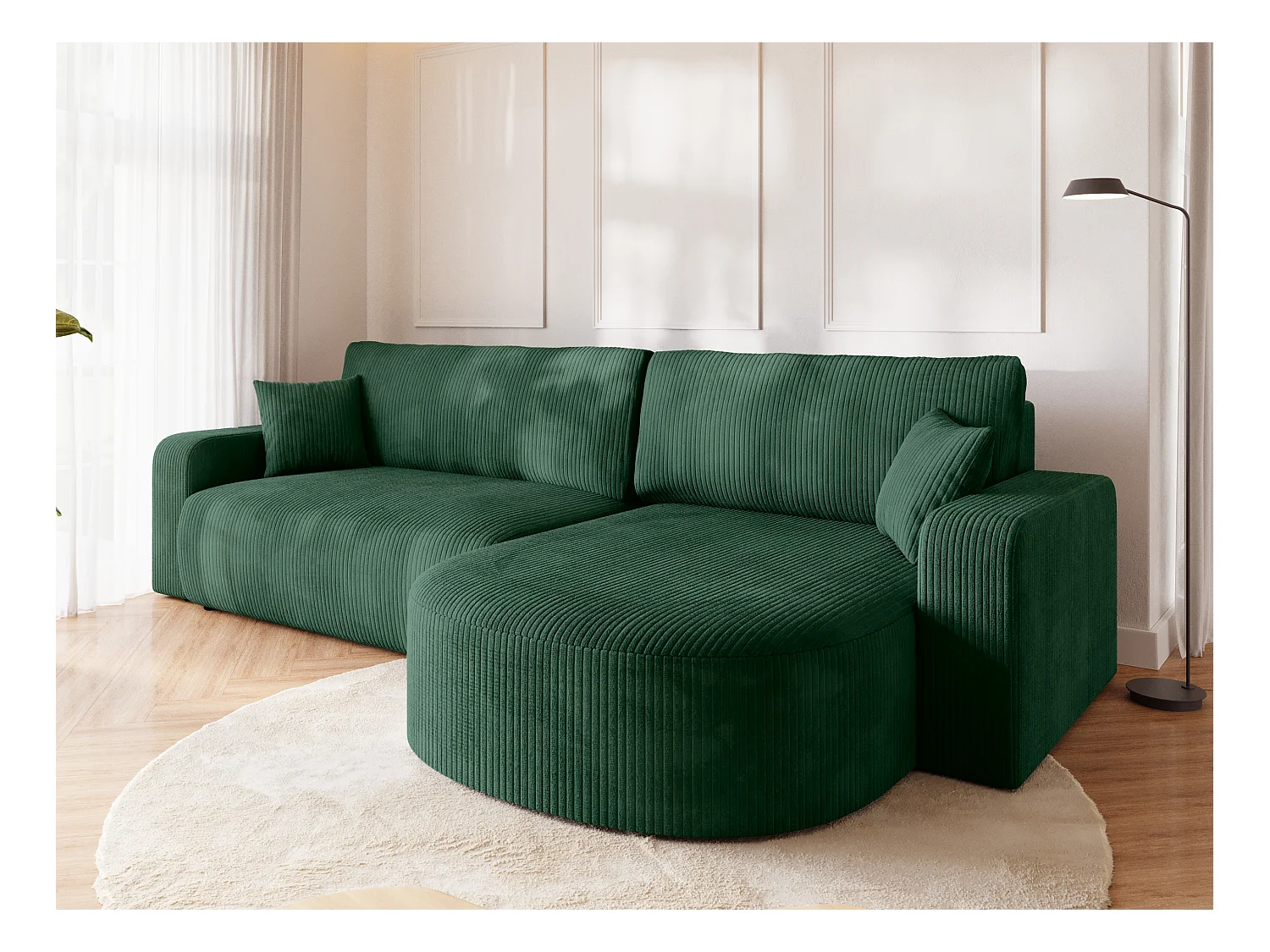 Grand canapé d'angle convertible, en velours côtelé vert BISK