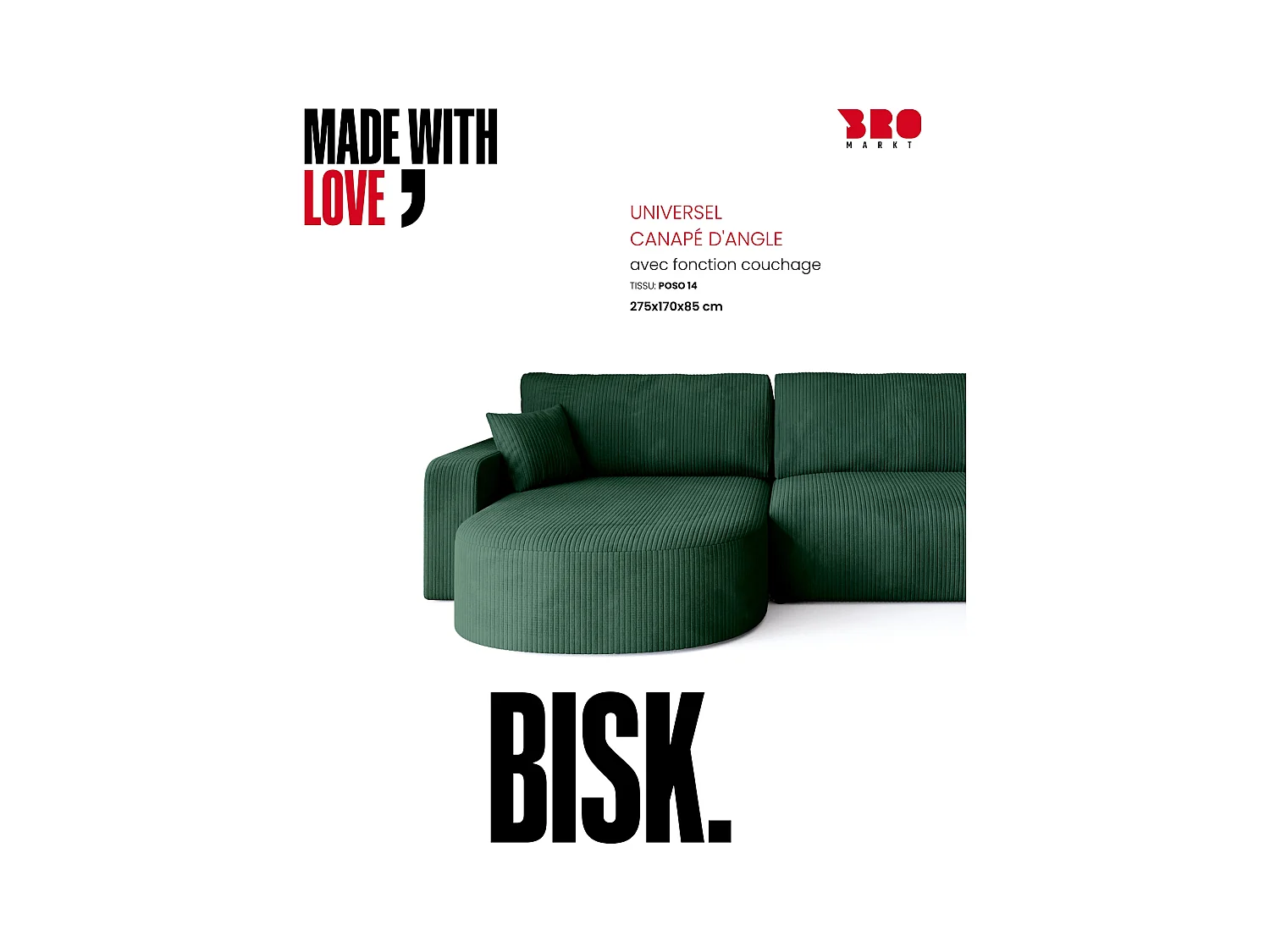 Grand canapé d'angle convertible, en velours côtelé vert BISK