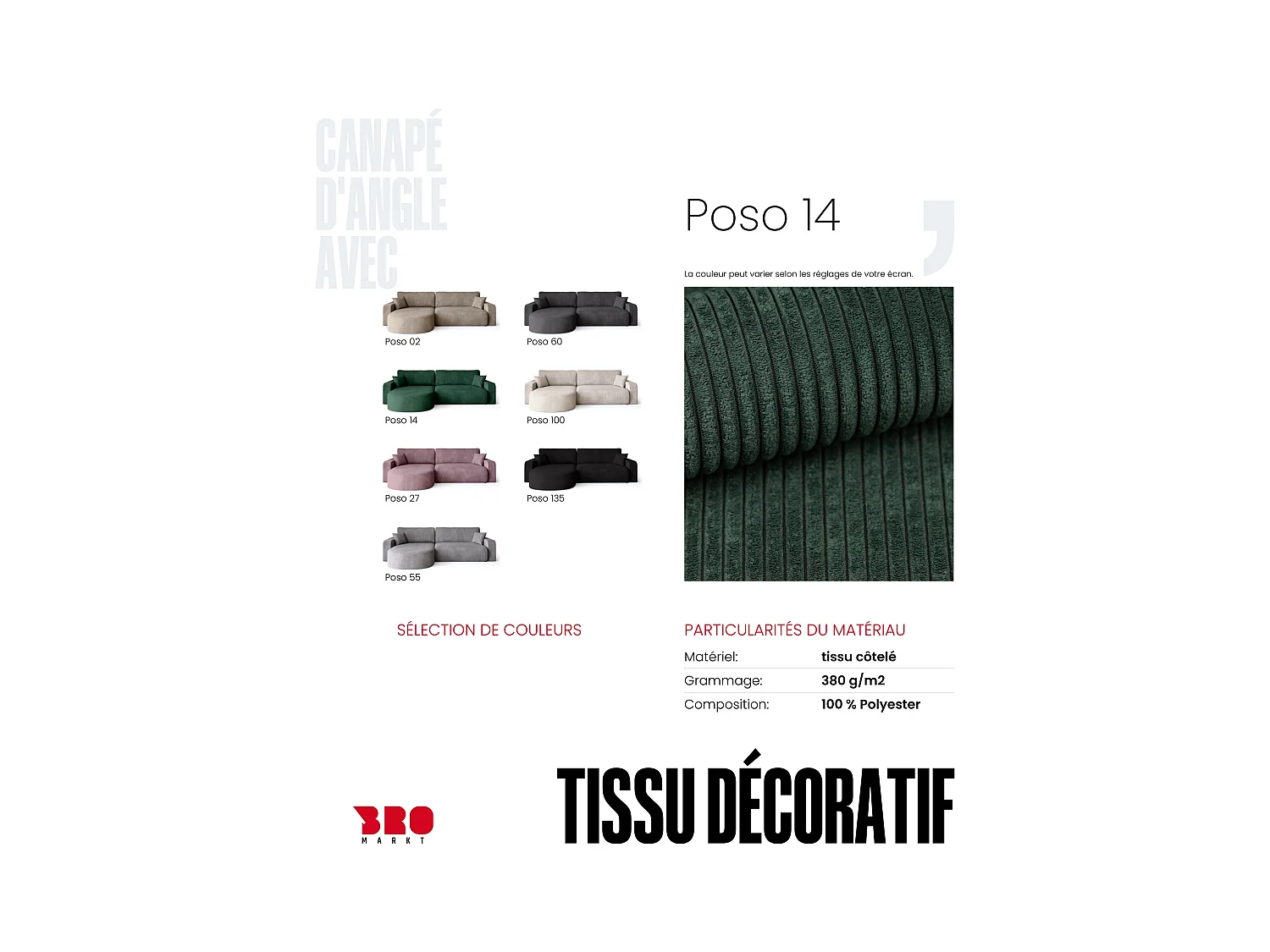 Grand canapé d'angle convertible, en velours côtelé vert BISK