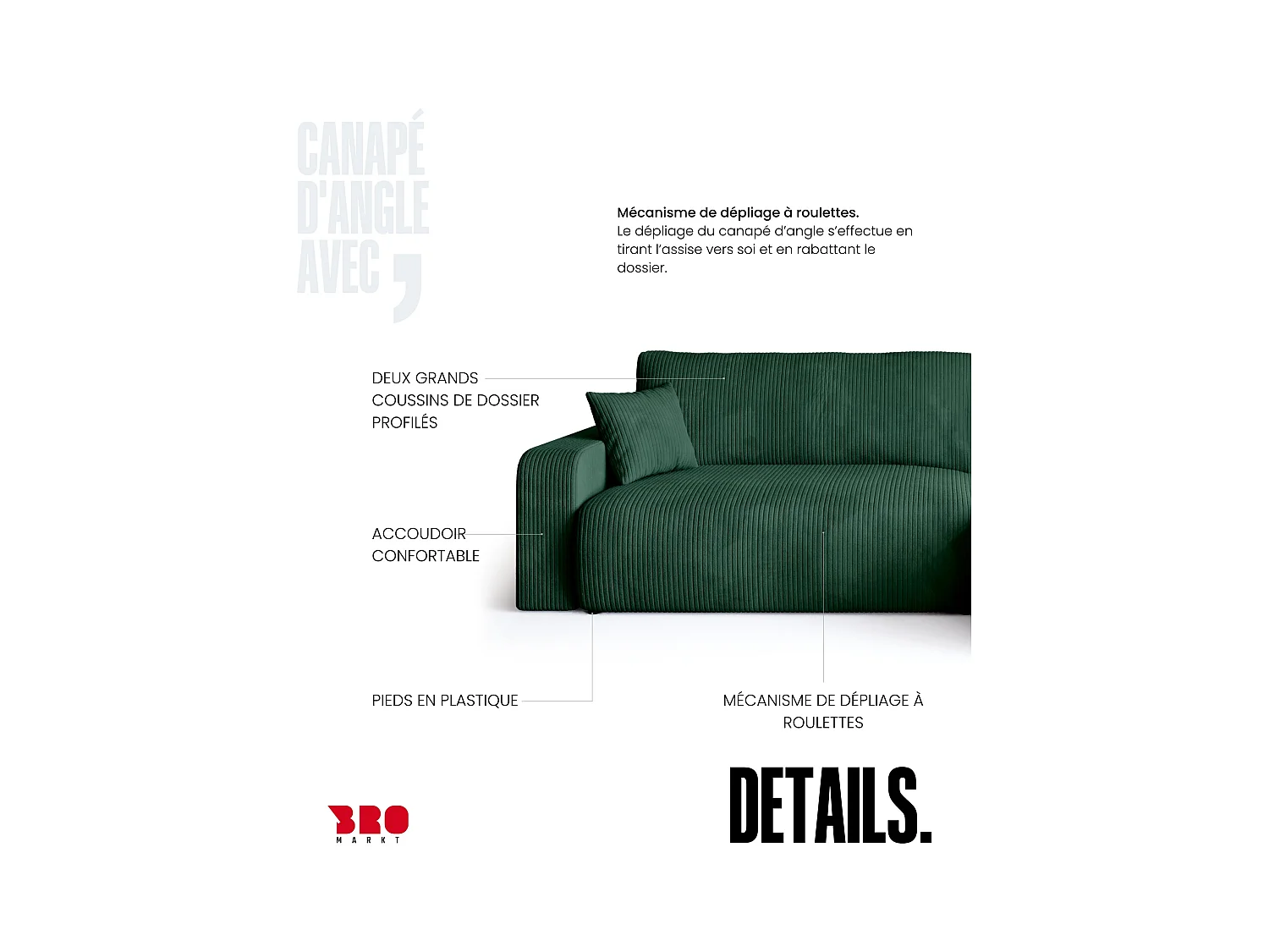 Grand canapé d'angle convertible, en velours côtelé vert BISK