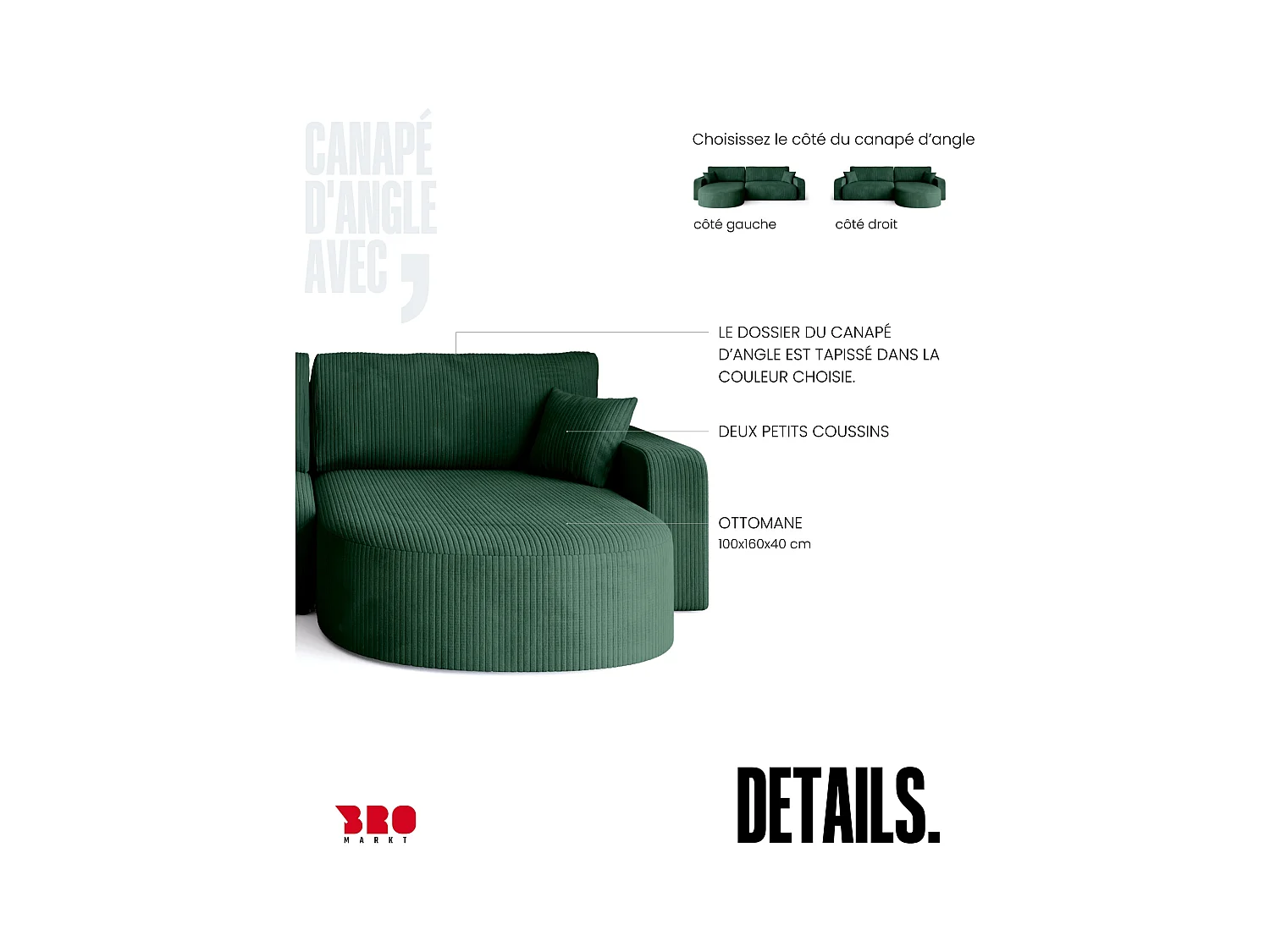 Grand canapé d'angle convertible, en velours côtelé vert BISK