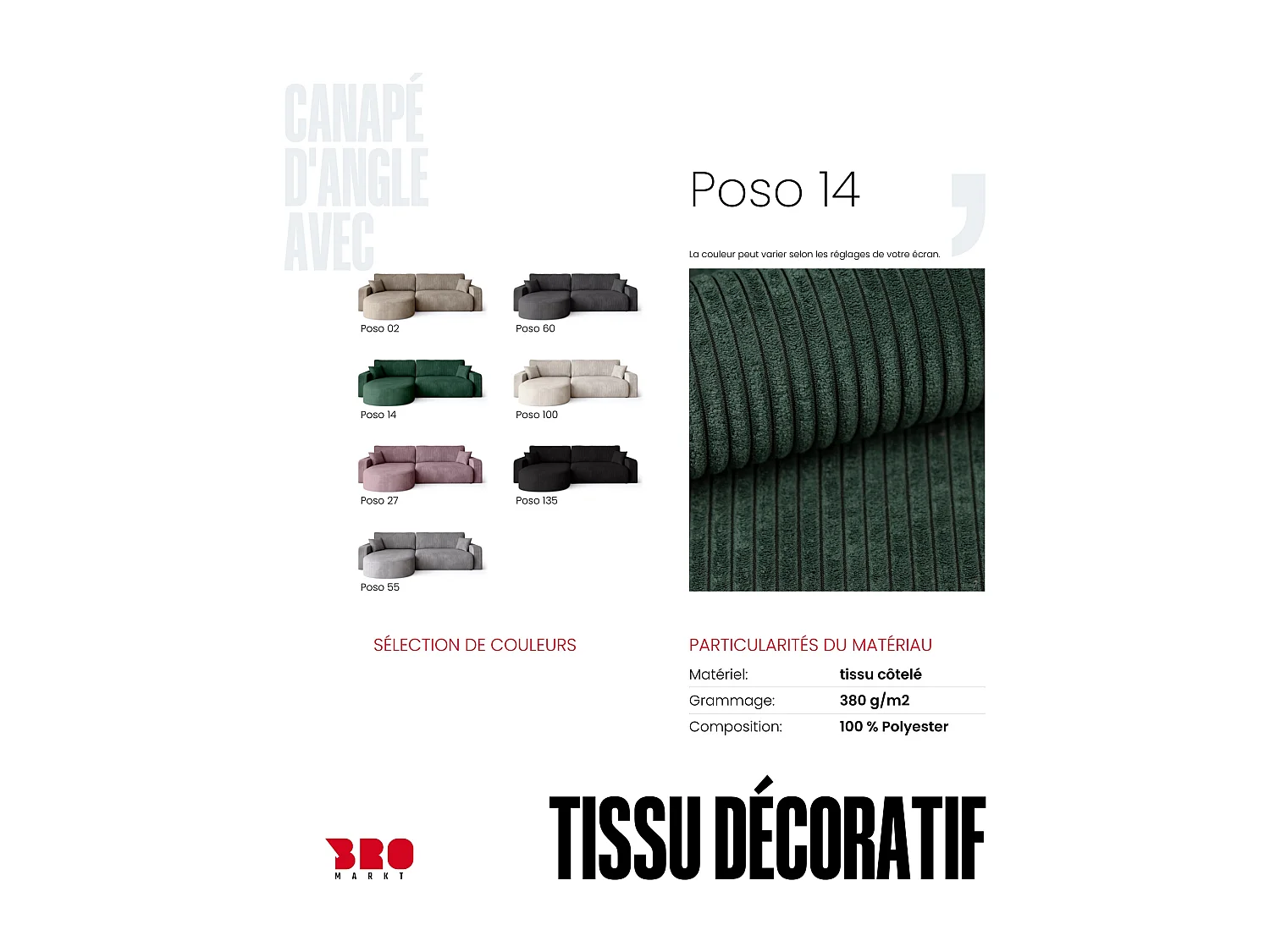 Grand canapé d'angle convertible, en velours côtelé vert BISK