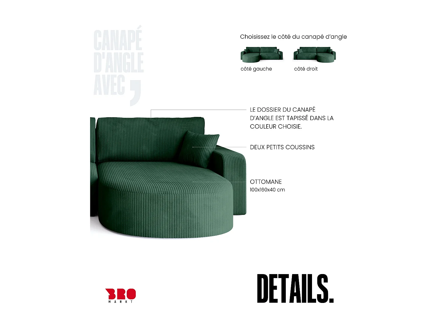 Grand canapé d'angle convertible, en velours côtelé vert BISK