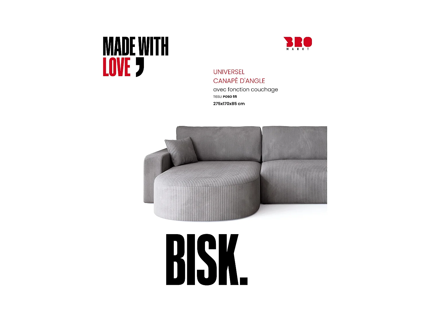 Grand canapé d'angle convertible, en velours côtelé gris clair BISK