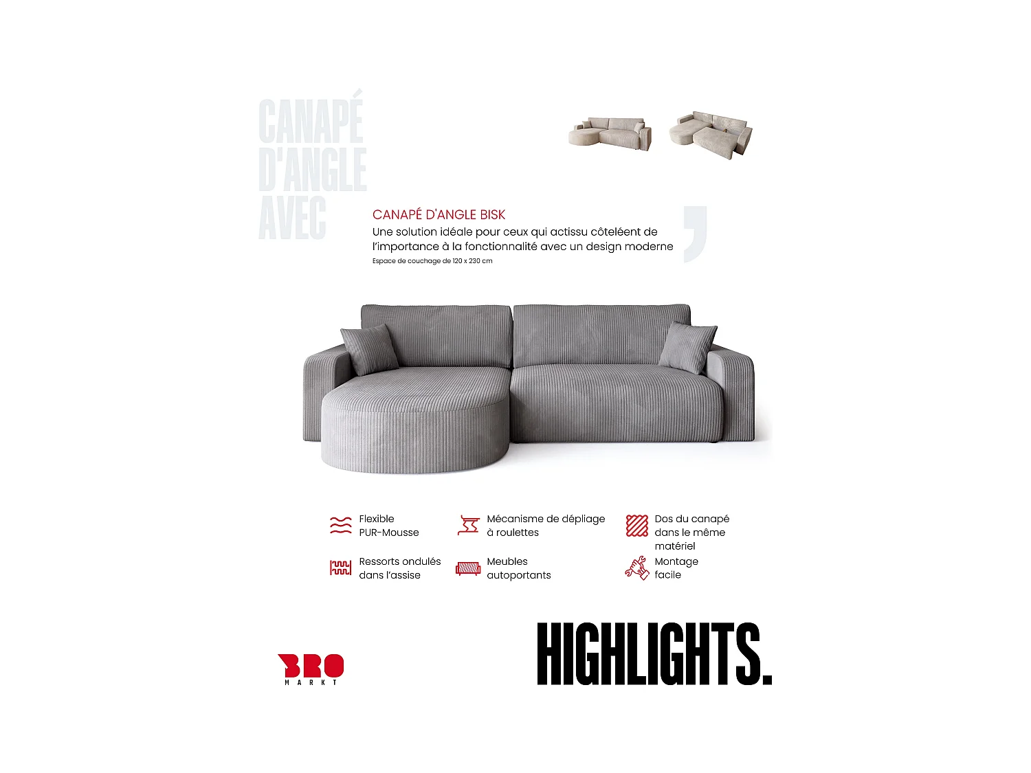 Grand canapé d'angle convertible, en velours côtelé gris clair BISK