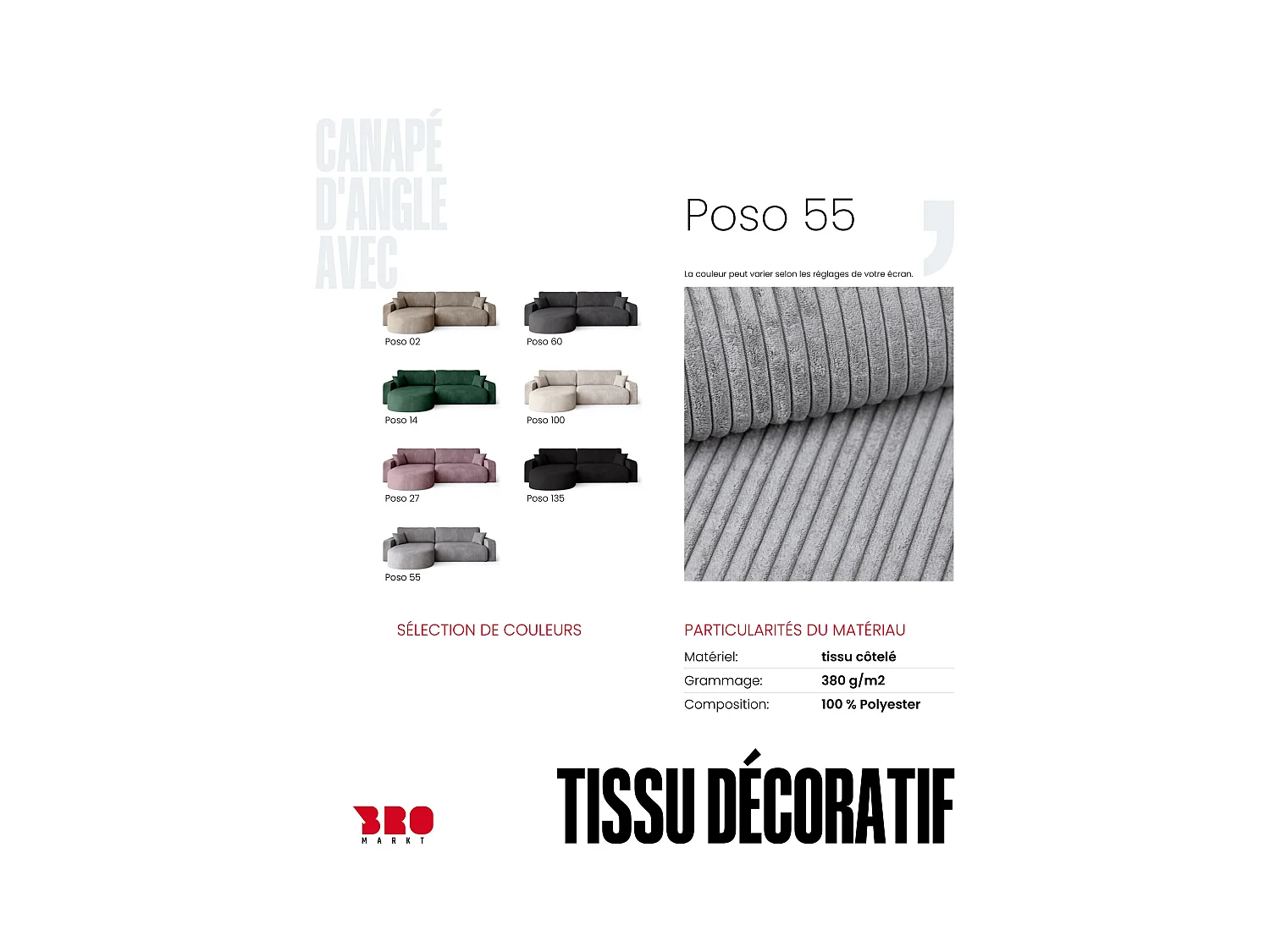 Grand canapé d'angle convertible, en velours côtelé gris clair BISK