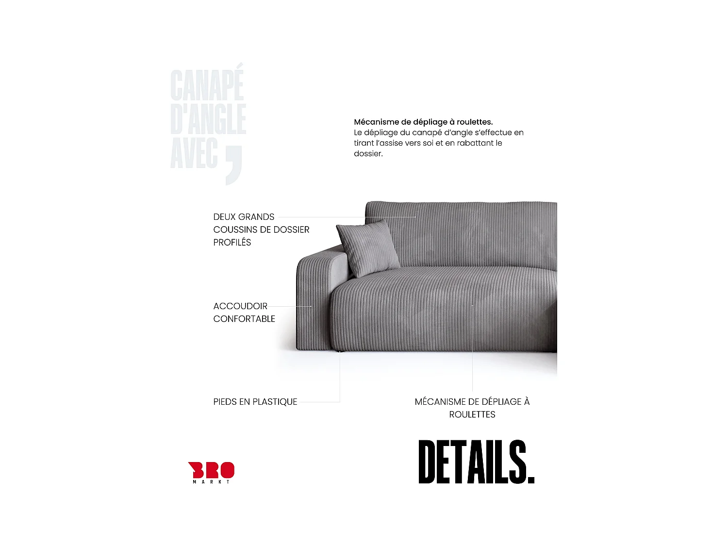 Grand canapé d'angle convertible, en velours côtelé gris clair BISK