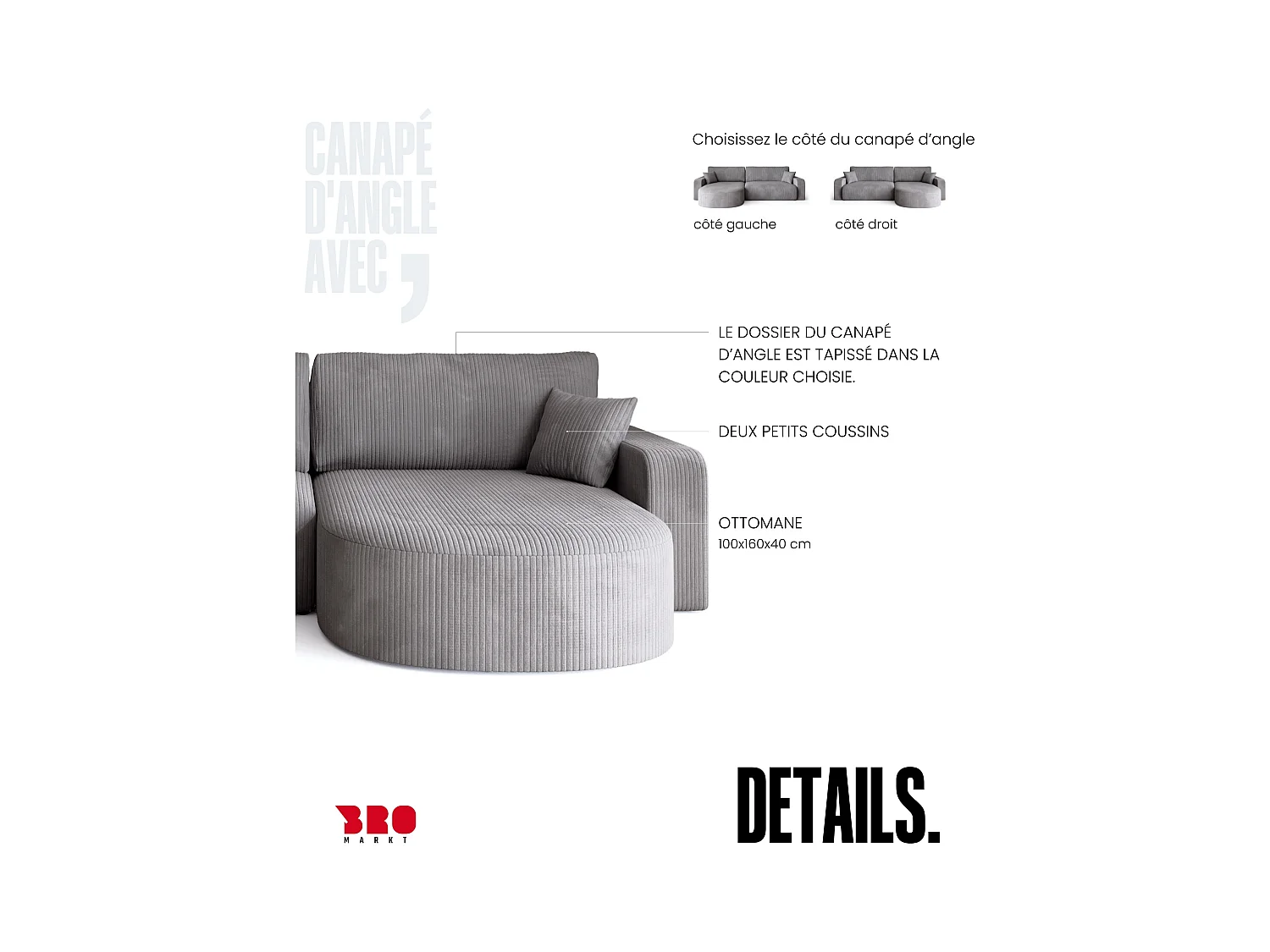 Grand canapé d'angle convertible, en velours côtelé gris clair BISK
