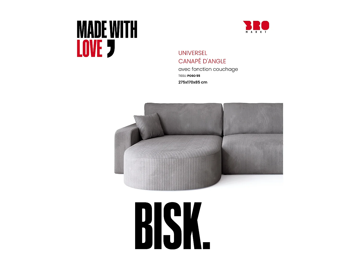 Grand canapé d'angle convertible, en velours côtelé gris clair BISK