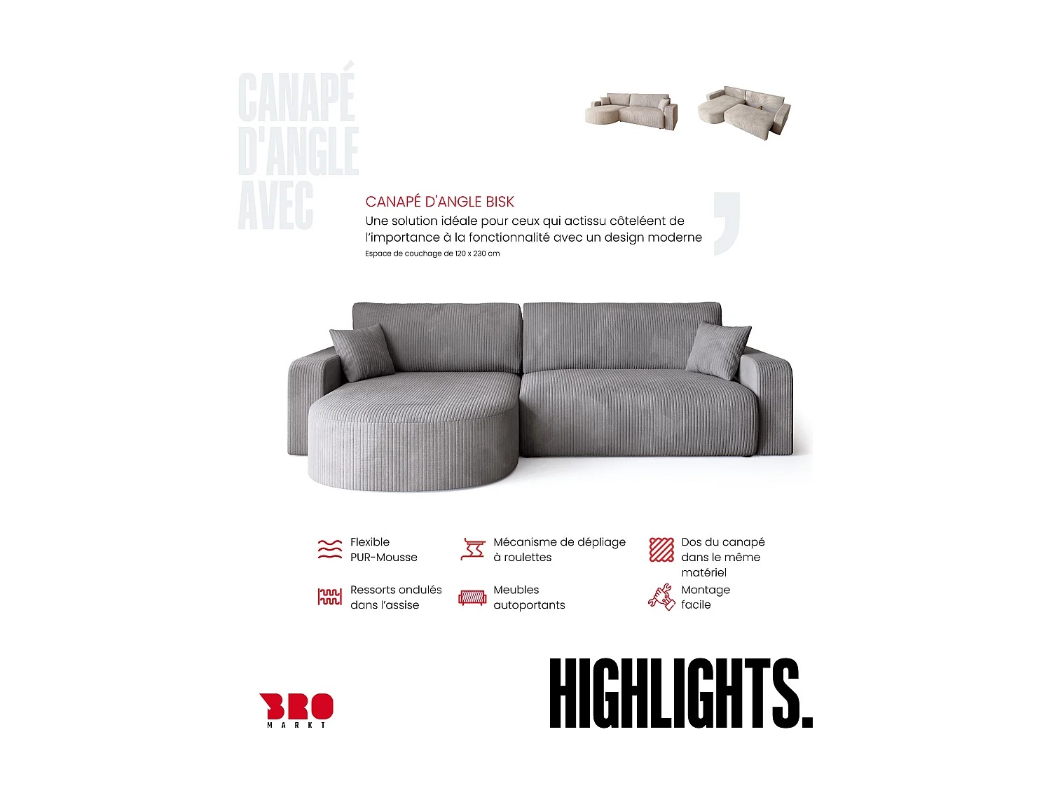 Grand canapé d'angle convertible, en velours côtelé gris clair BISK