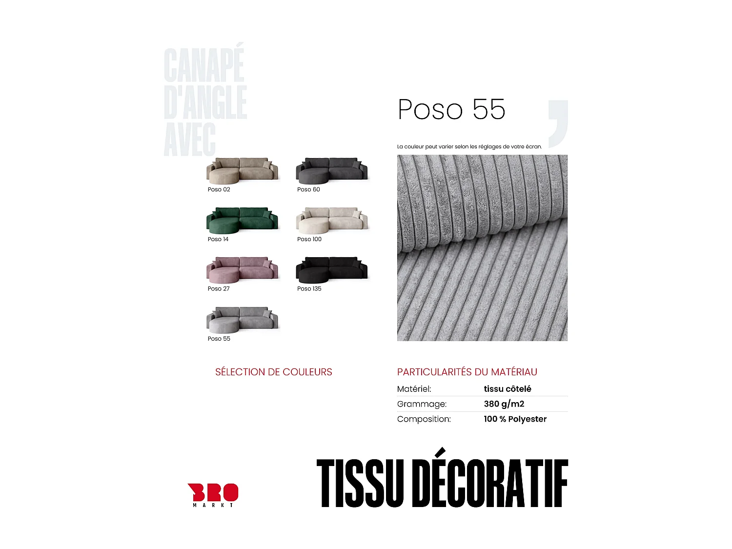 Grand canapé d'angle convertible, en velours côtelé gris clair BISK