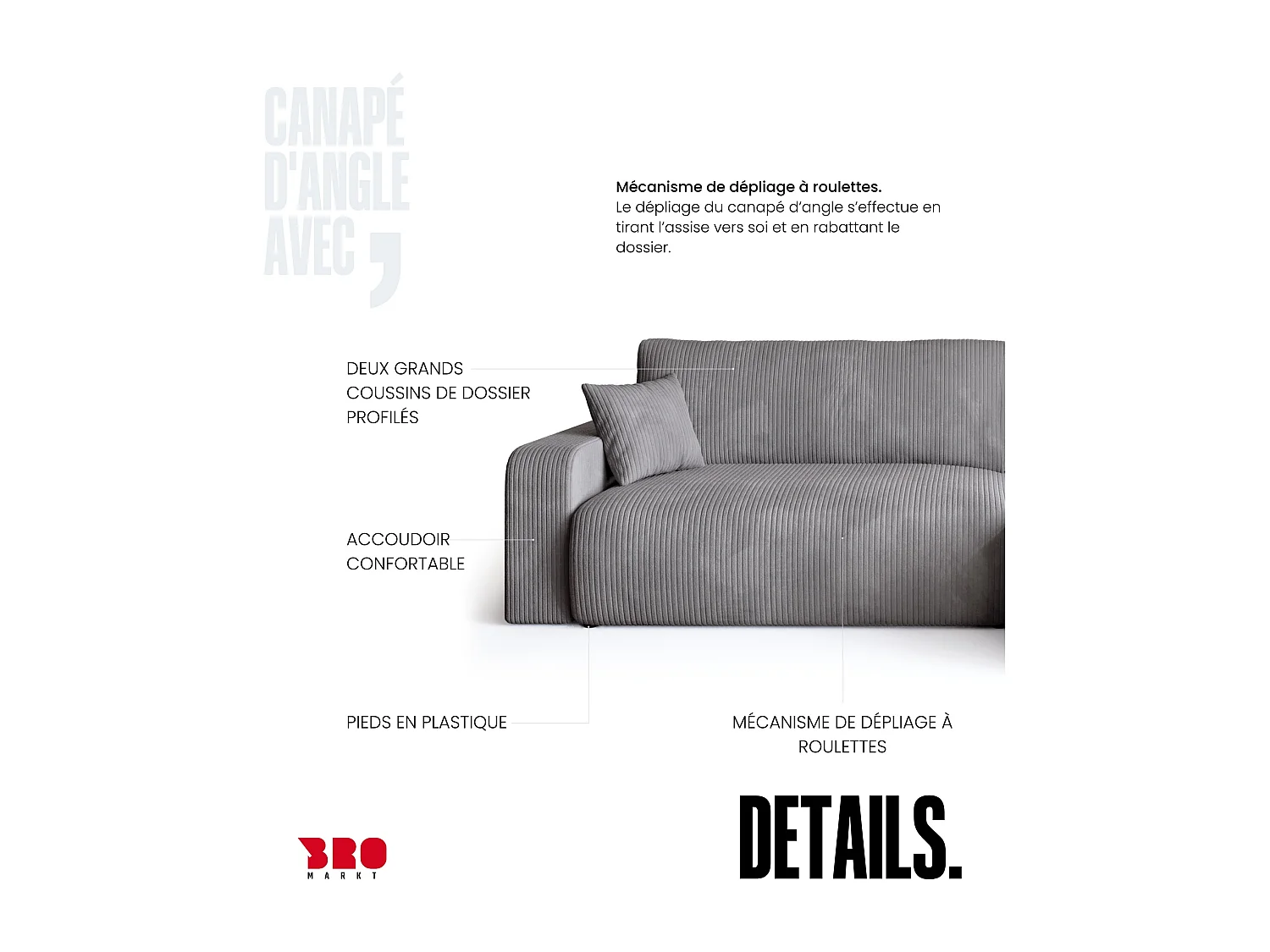 Grand canapé d'angle convertible, en velours côtelé gris clair BISK