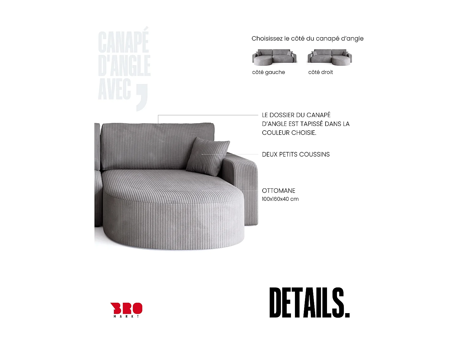 Grand canapé d'angle convertible, en velours côtelé gris clair BISK